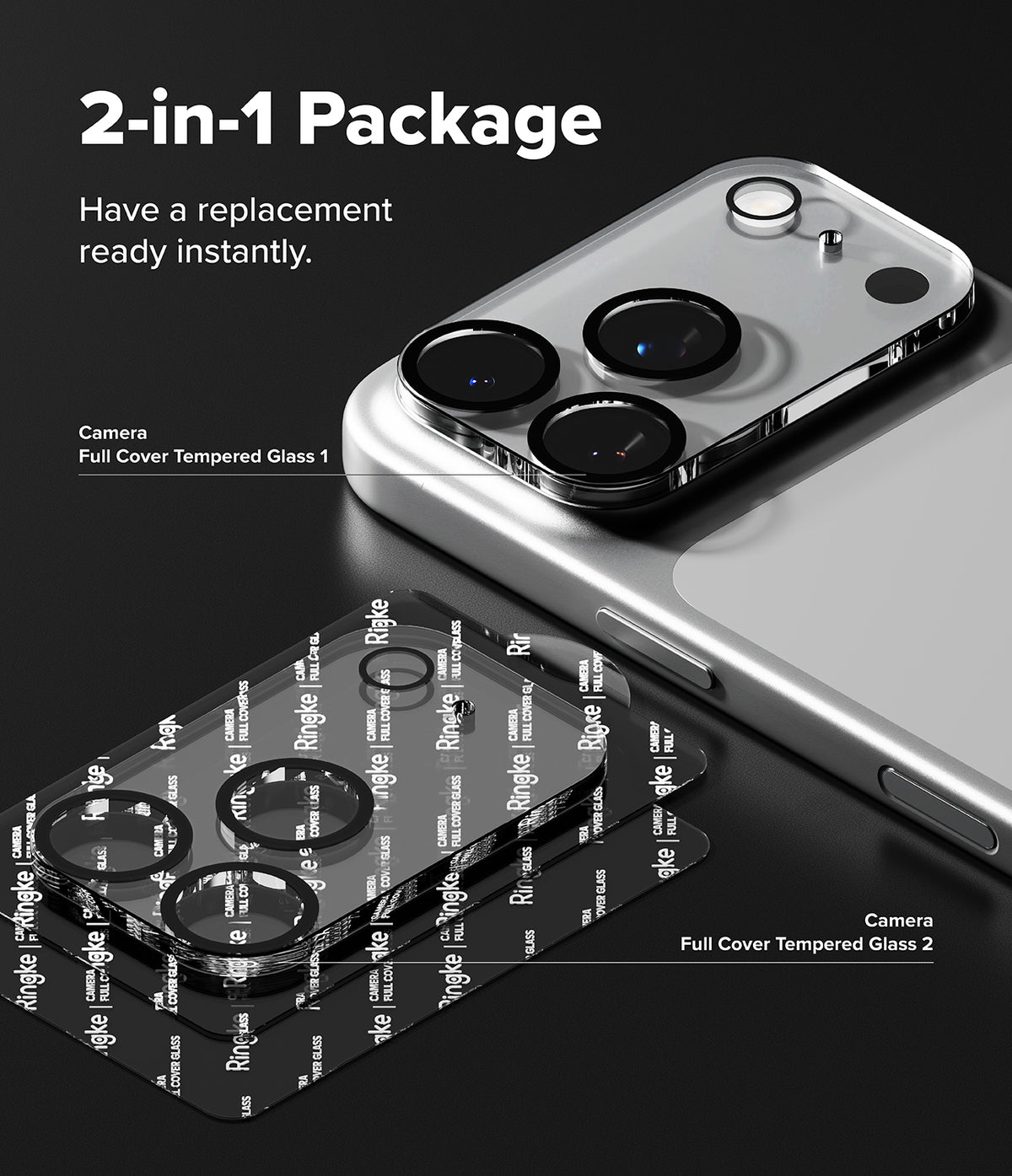 iPhone 18 Pro Max Camera Protector | Camera Full Cover Tempered Glass (2 Pack) - A promotional graphic for a 2-in-1 phone camera replacement package, showing a silver smartphone with a fitted camera lens protector and a stack of clear tempered glass lens protectors labeled 'Camera Full Cover Tempered Glass 1' and 'Camera Full Cover Tempered Glass 2' on a dark background.