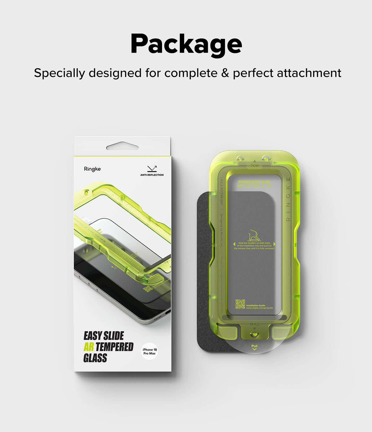 iPhone 18 Pro Max Screen Protector | Easy Slide AR Tempered Glass - Ringke Easy Slide AR Tempered Glass screen protector set, showing the retail packaging on the left and the protective case with the glass protector on a black stand on the right, in a bright lime green color, with text above reading 'Package Specially designed for complete & perfect attachment'.