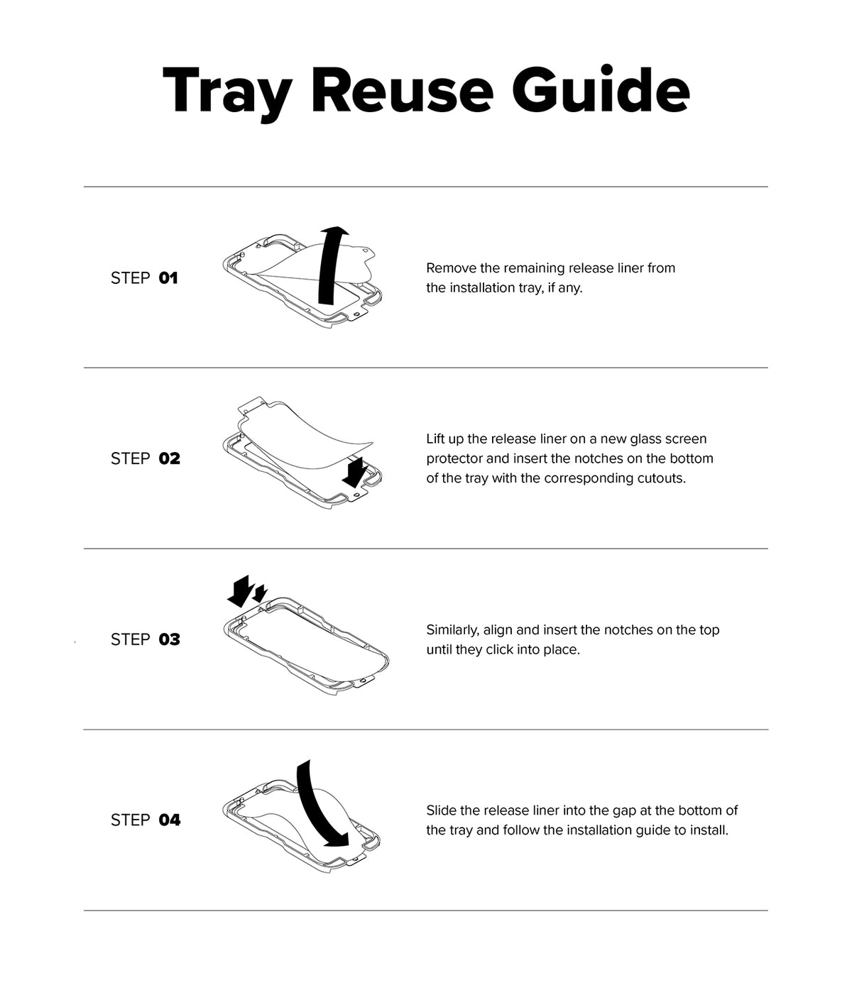 iPhone 18 Pro Max Screen Protector | Easy Slide Privacy Tempered Glass (2 Pack) - A Tray Reuse Guide diagram showing four numbered steps with line drawings of a phone case tray and release liner, with text instructions on how to remove and install the liner.