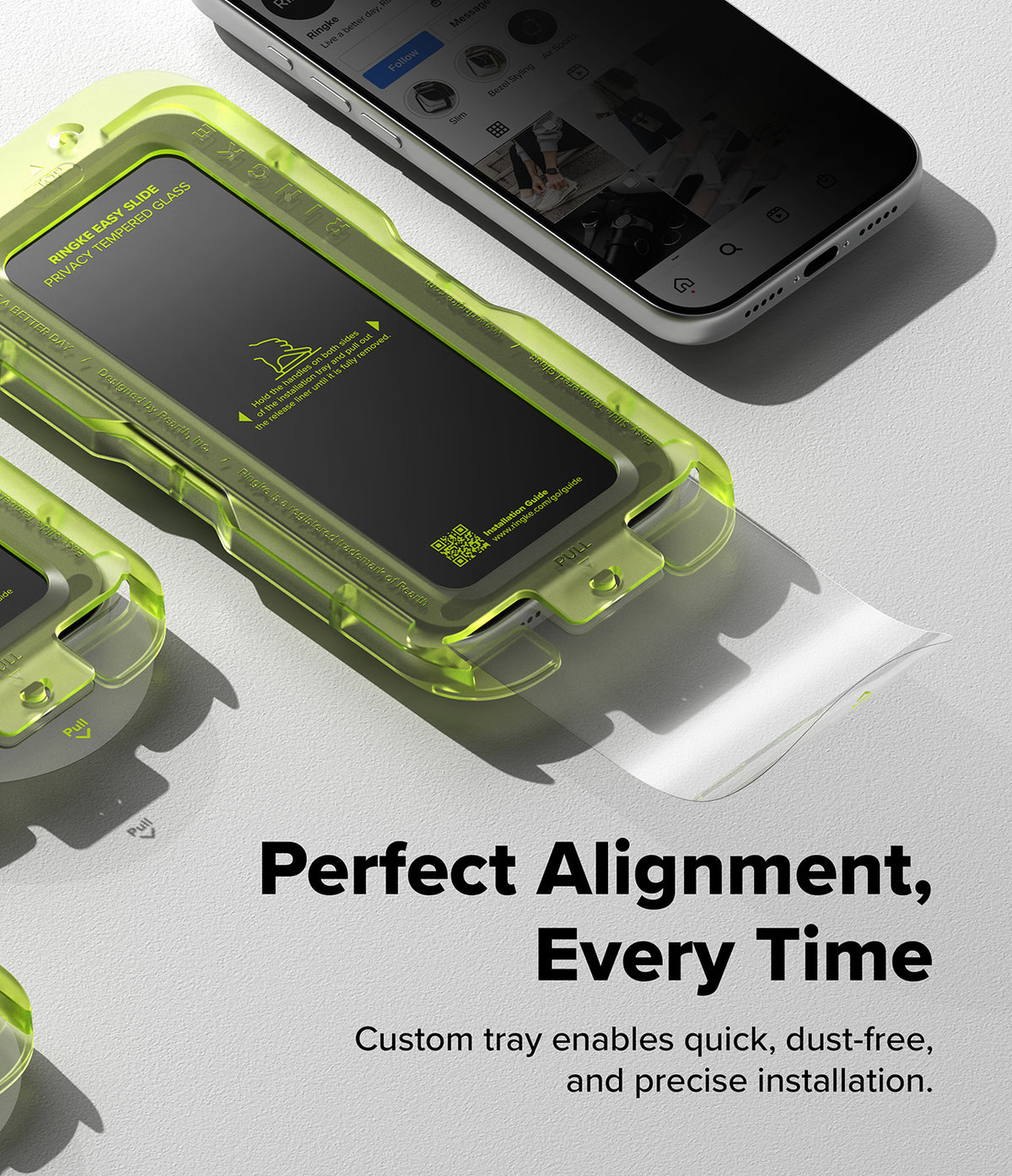 iPhone 18 Pro Max Screen Protector | Easy Slide Privacy Tempered Glass (2 Pack) - A translucent neon yellow-green protective phone case shown around a smartphone, with additional matching cases partially visible. Large text reads 'Perfect Alignment, Every Time' and smaller text says 'Custom tray enables quick, dust-free, and precise installation.