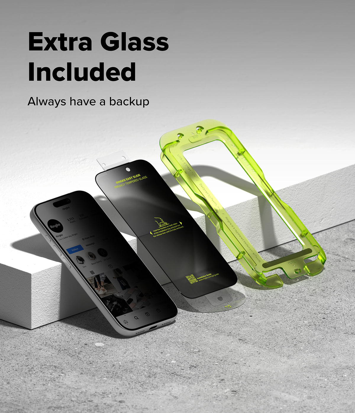 iPhone 18 Pro Max Screen Protector | Easy Slide Privacy Tempered Glass (2 Pack) - Two smartphone screen protector templates and one translucent lime-green extra glass frame are displayed on a light gray surface with text reading 'Extra Glass Included' and 'Always have a backup.'.