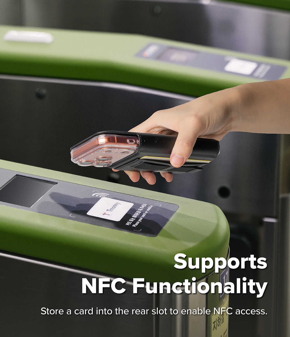 iPhone 18 Pro Max MagSafe Wallet | Folio Grip Wallet Magnetic - A hand holding a smartphone with an NFC chip scans a card near a green and black turnstile. Text on the image reads 'Supports NFC Functionality' and 'Store a card into the rear slot to enable NFC access.