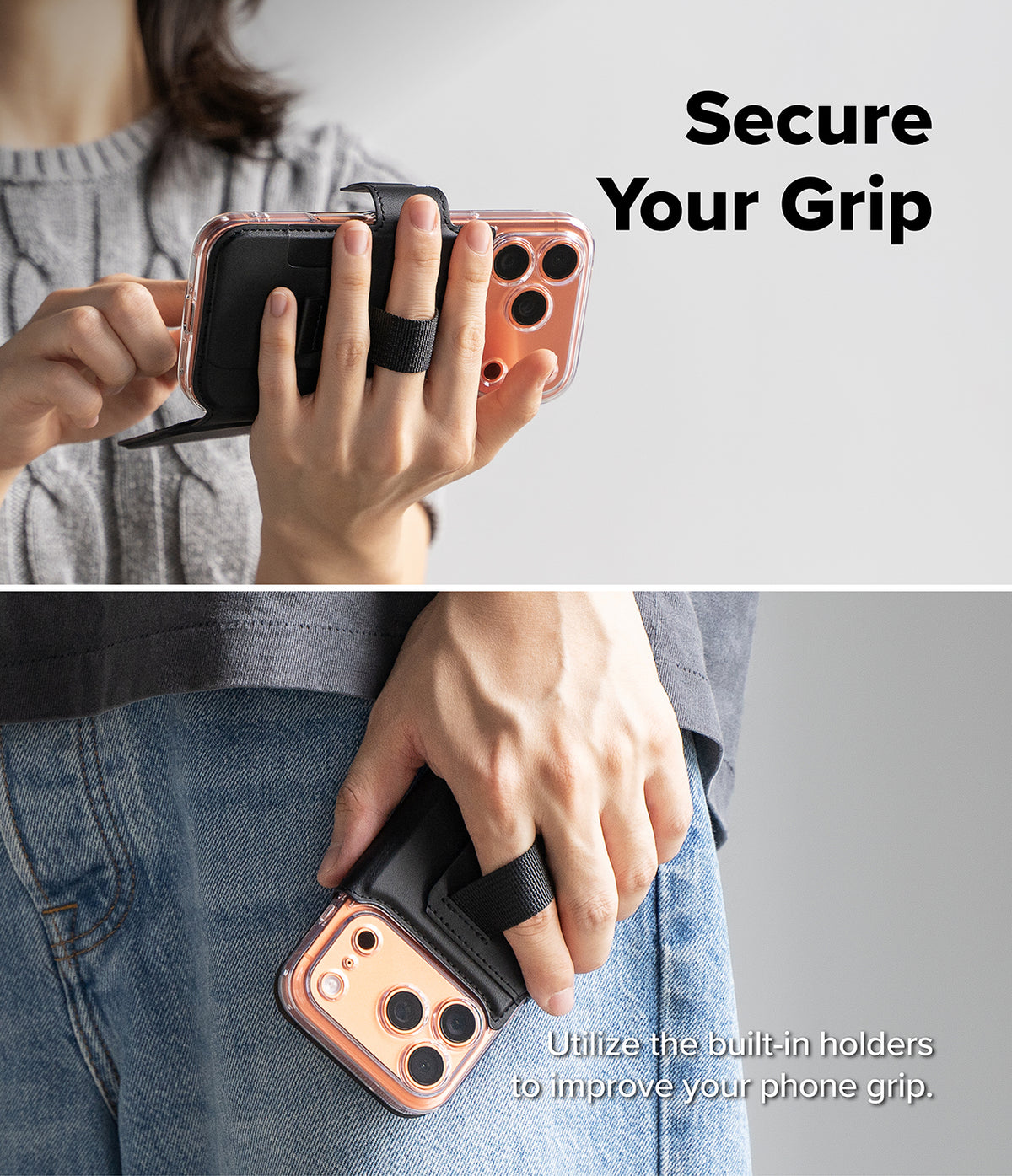 iPhone 18 Pro Max MagSafe Wallet | Folio Grip Wallet Magnetic - Two-panel lifestyle image showing a phone grip accessory being used on a smartphone. The top panel shows a person holding a phone with the black grip strap extended, and the bottom panel shows the same grip attached to a phone tucked into a pocket.