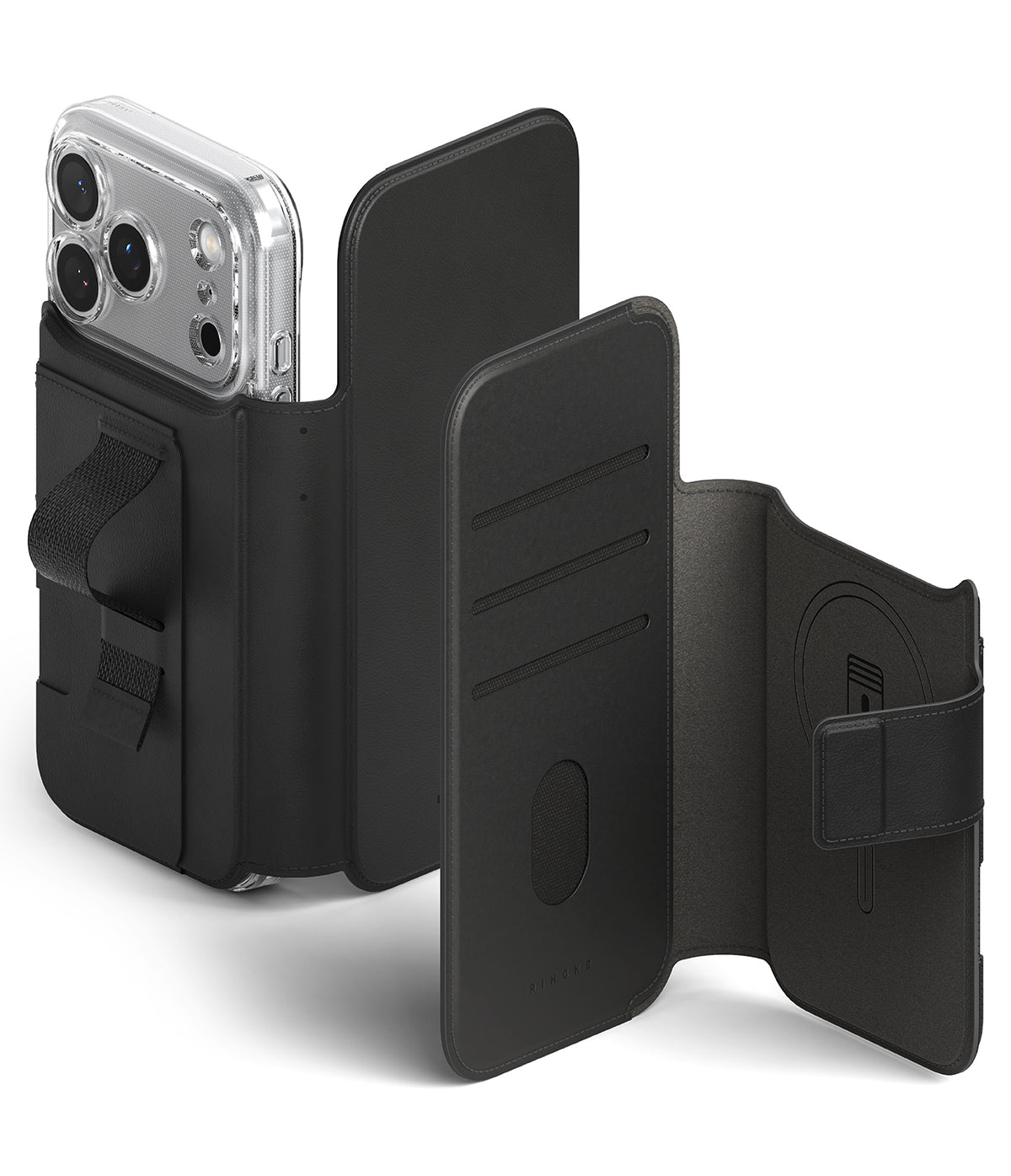 iPhone 18 Pro Max MagSafe Wallet | Folio Grip Wallet Magnetic - Black phone armband with phone case attachment on a white background