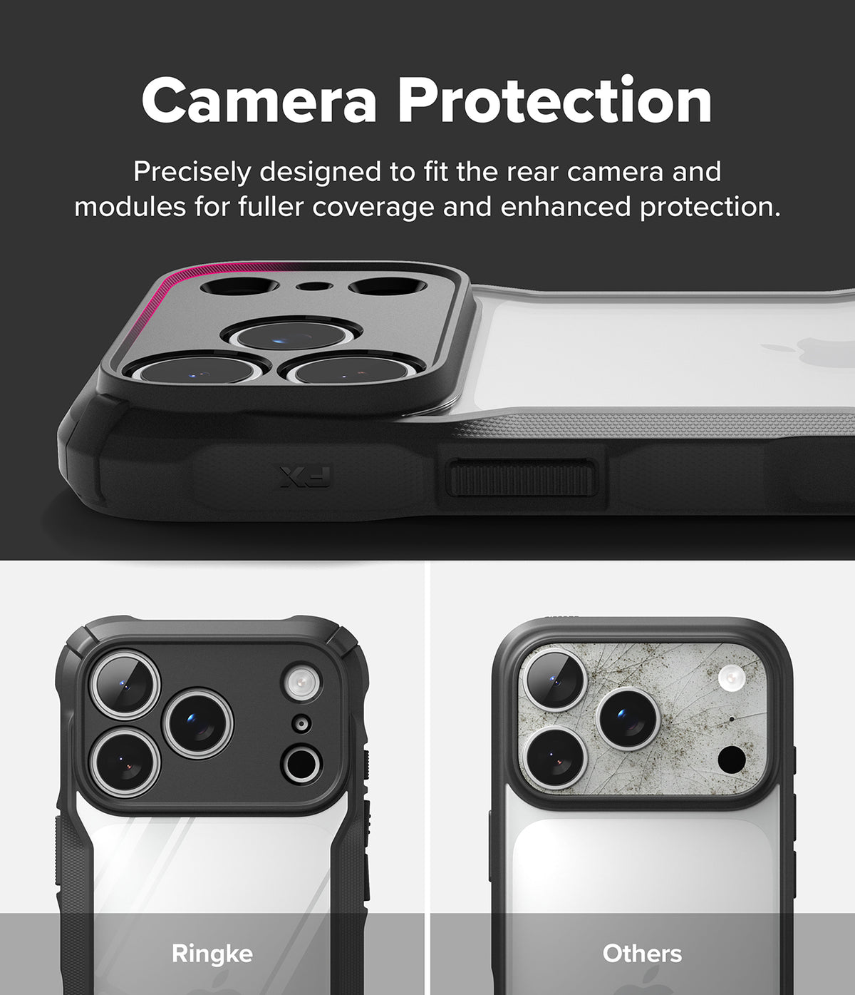 iPhone 18 Pro / Pro Max Case Fusion-X all-groups - A phone case with a raised black camera bumper and a clear back panel, shown with marketing text reading 'Camera Protection' and two smaller comparison views labeled Ringke and Others.