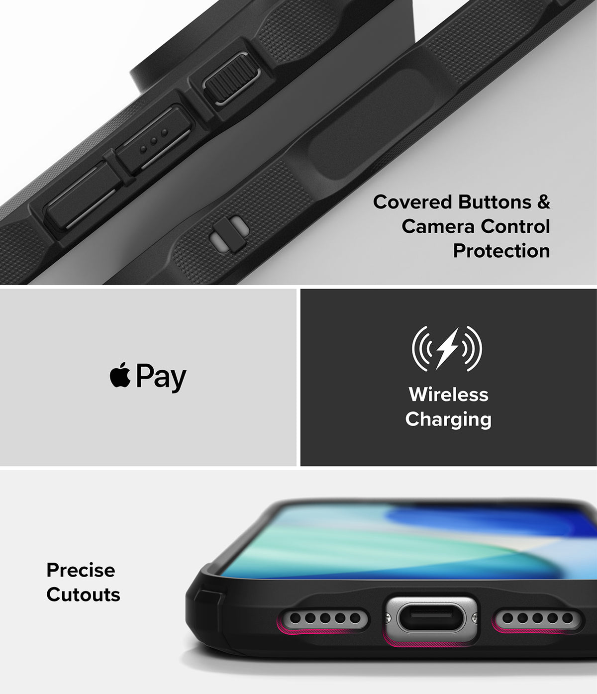 iPhone 18 Pro / Pro Max Case Fusion-X all-groups - A black protective phone case shown in a multi-panel feature graphic. The top panel shows close-up of the side buttons and camera area with text reading 'Covered Buttons & Camera Control Protection.