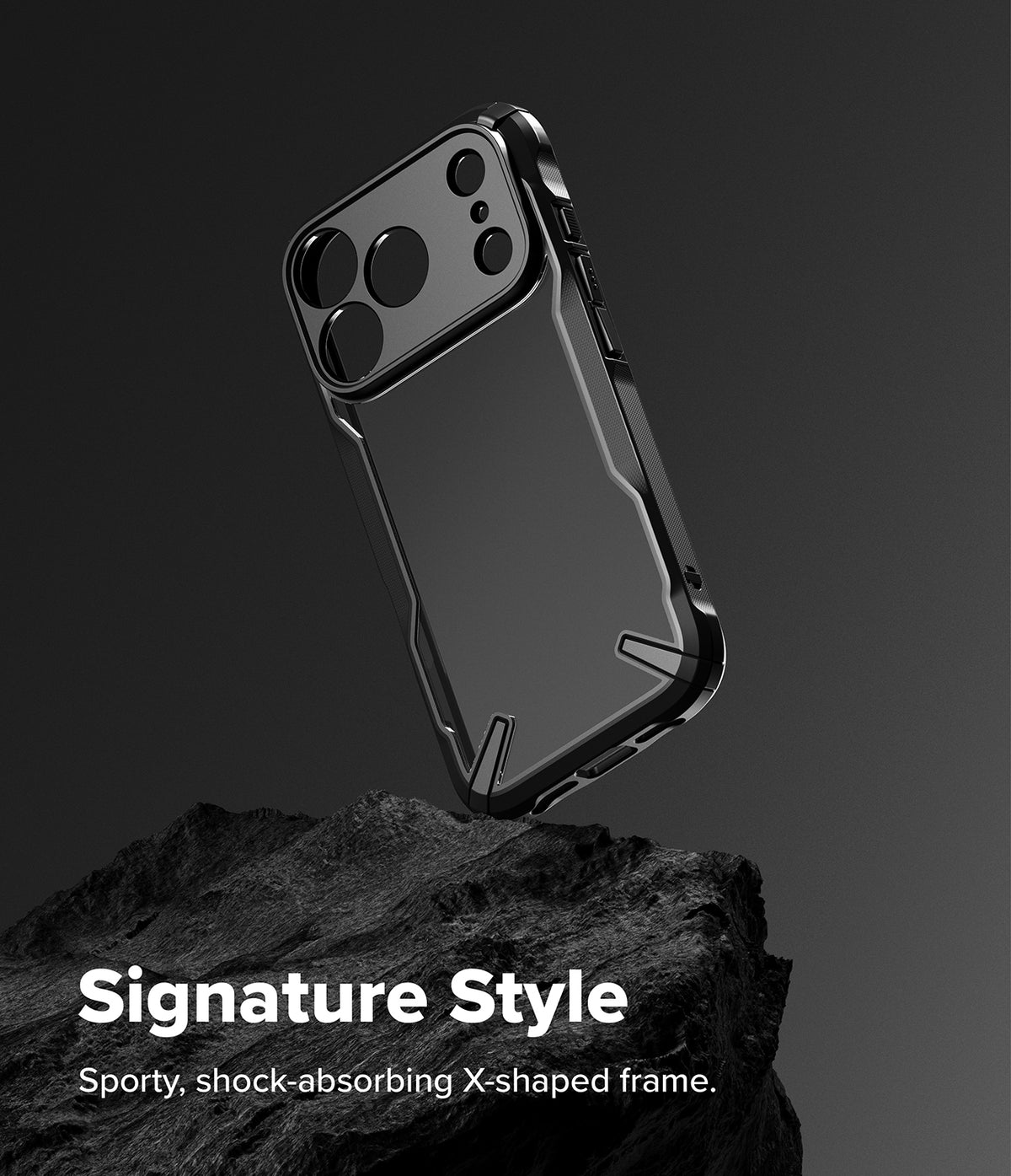 iPhone 18 Pro Max Case | Fusion-X - A black protective phone case with an X-shaped shock-absorbing frame, shown floating above a dark textured rock on a dark gray gradient background. White text at the bottom reads 'Signature Style' and 'Sporty, shock-absorbing X-shaped frame.