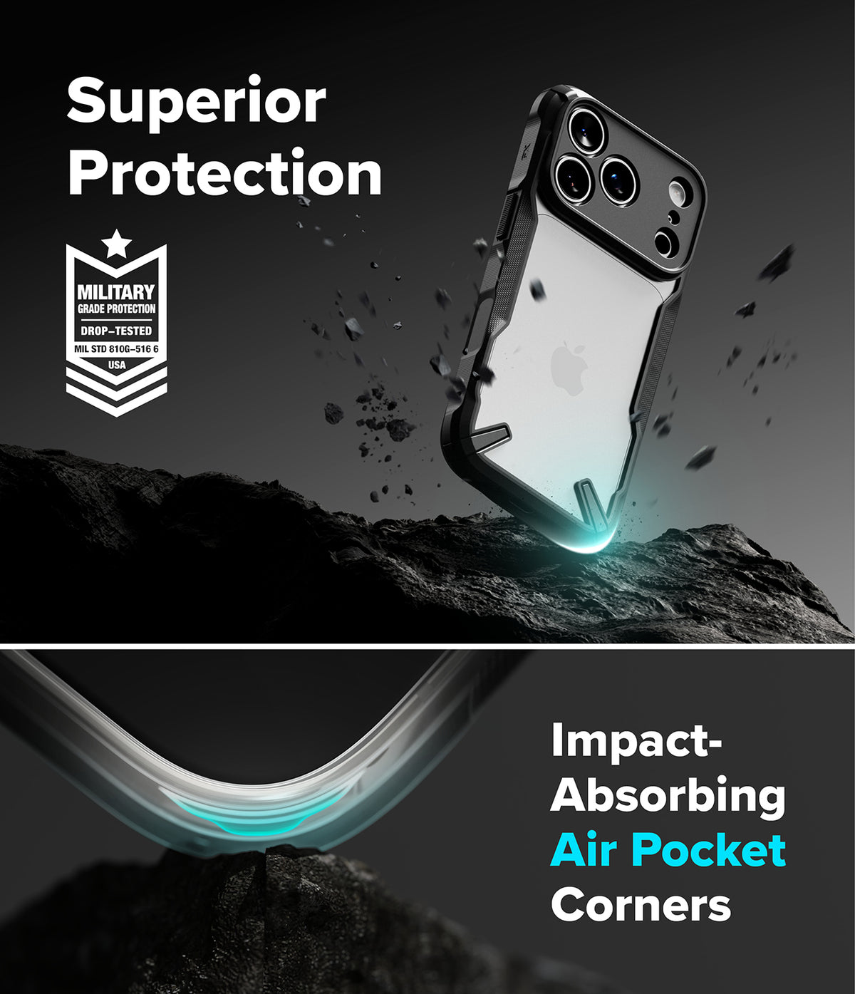iPhone 18 Pro Max Case | Fusion-X - A clear and black protective phone case shown floating above dark rocks in a dramatic studio-style graphic. Text reads 'Superior Protection' with a military drop-tested badge, and the lower section highlights 'Impact-Absorbing Air Pocket Corners' with a close-up of the curved transparent corner material.