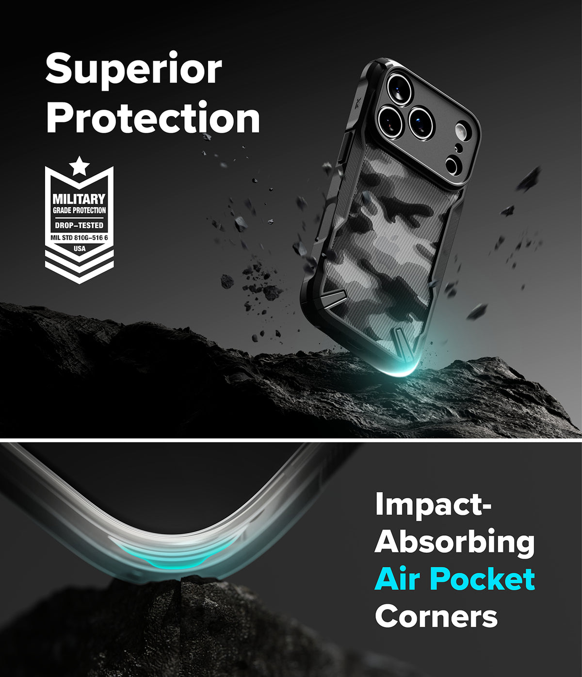 iPhone 18 Pro Max Case | Fusion-X - A dark camouflage protective phone case shown floating above a rocky surface, with marketing text reading 'Superior Protection' and 'Impact-Absorbing Air Pocket Corners.' The design includes a military drop-test badge and glowing cyan effect around the lower edge of the case.