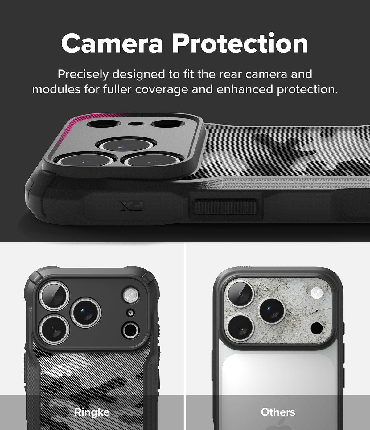 iPhone 18 Pro Max Case | Fusion-X - A phone case with a black bumper and a gray camouflage pattern, shown with text reading 'Camera Protection' and two smaller examples labeled 'Ringke' and 'Others' below.