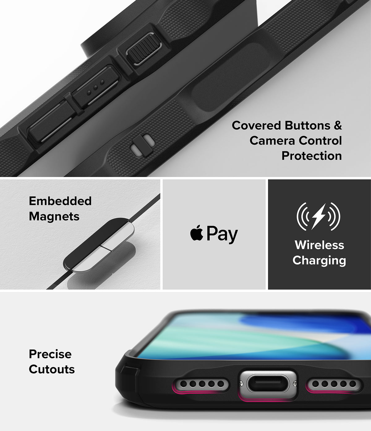 iPhone 18 Pro / Pro Max Case Fusion-X Magnetic all-groups - A black protective phone case shown in a multi-panel feature graphic. The panels highlight covered buttons and camera control protection, embedded magnets for wireless charging, precise cutouts, and compatibility with Apple Pay.