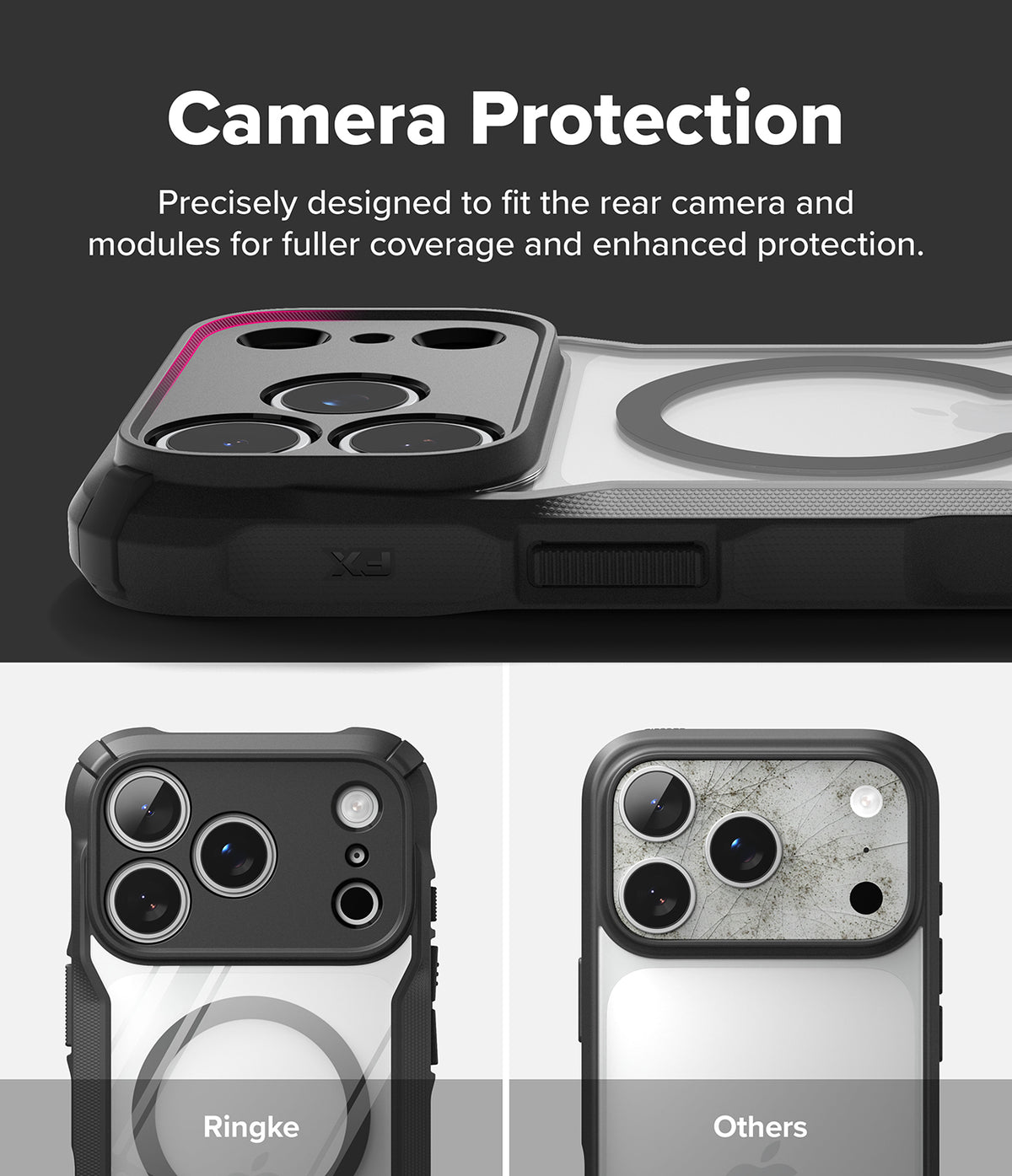 iPhone 18 Pro Max Case | Fusion-X Magnetic - A phone case with a raised black camera bumper and MagSafe ring, shown with marketing text reading 'Camera Protection' and two smaller example views labeled Ringke and Others.