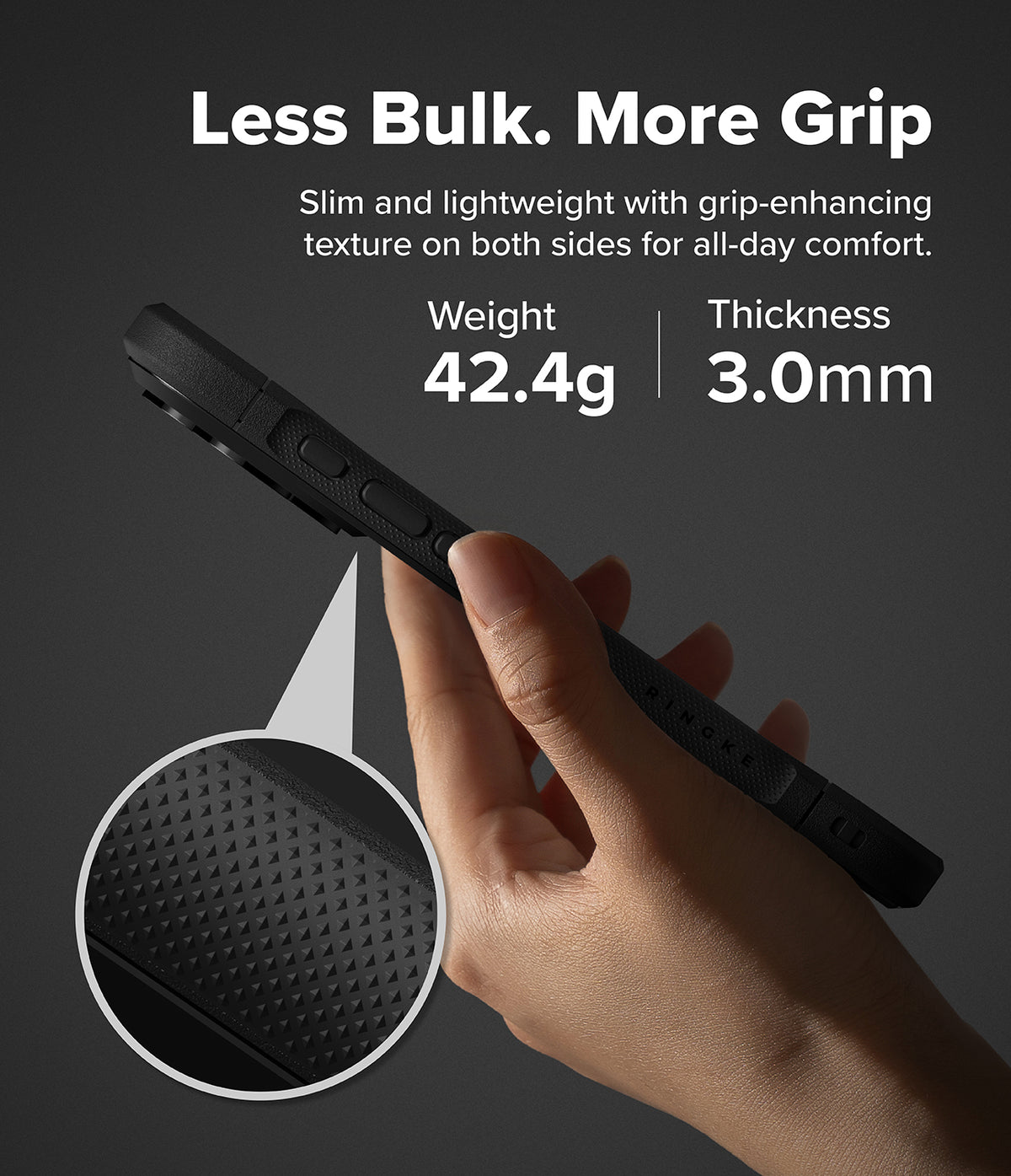 iPhone 18 Pro / Pro Max Case Fusion Bold Magnetic Matte all-groups - A hand holds a black rugged smartphone case against a dark gray background, with marketing text reading 'Less Bulk. More Grip' and specs 'Weight 42.