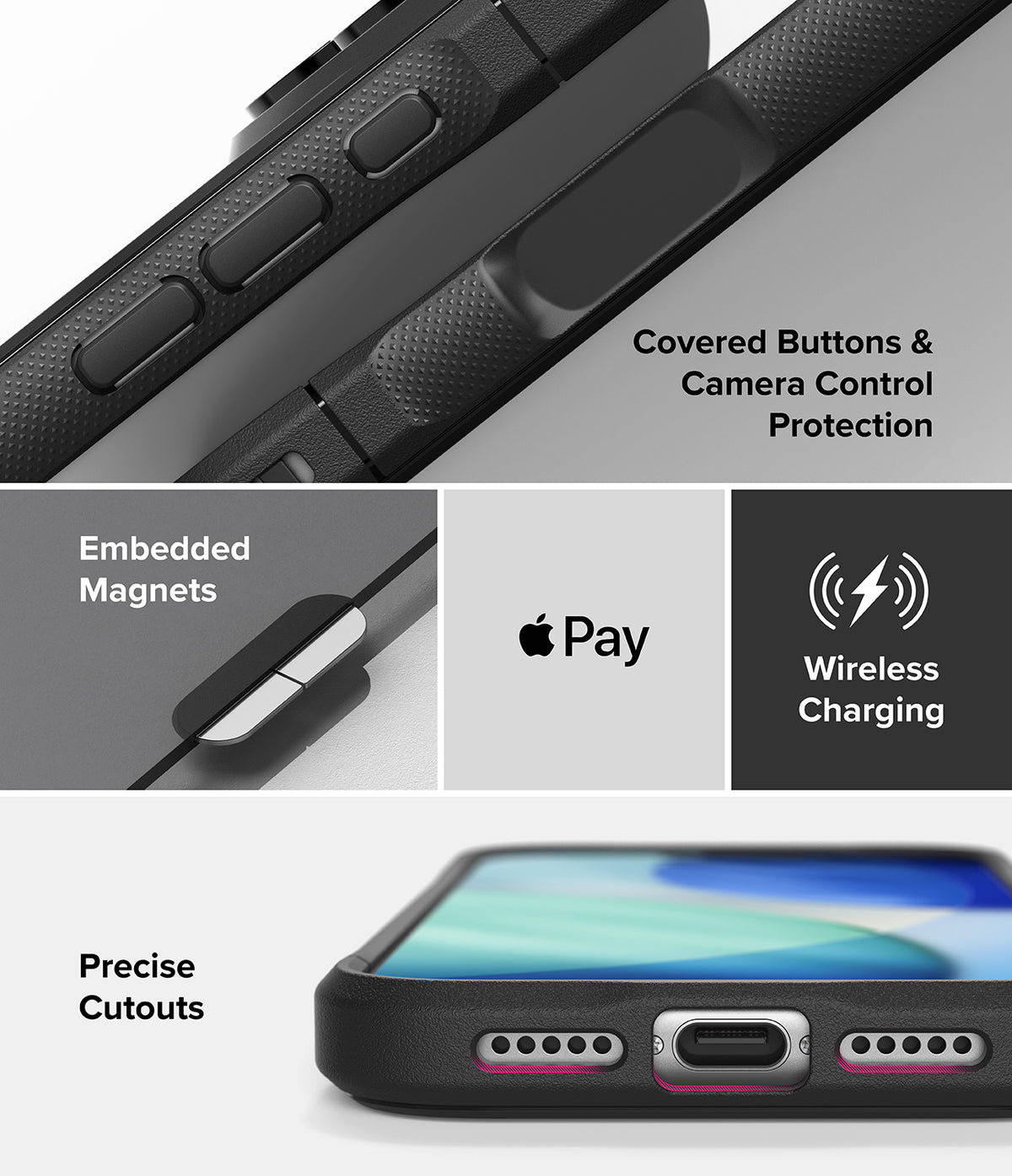 iPhone 18 Pro / Pro Max Case Fusion Bold Magnetic Matte all-groups - A black protective phone case shown in a multi-panel infographic highlighting features: covered buttons and camera control protection, embedded magnets, wireless charging compatibility, and precise cutouts. The Apple Pay logo is visible, indicating compatibility rather than the product brand.