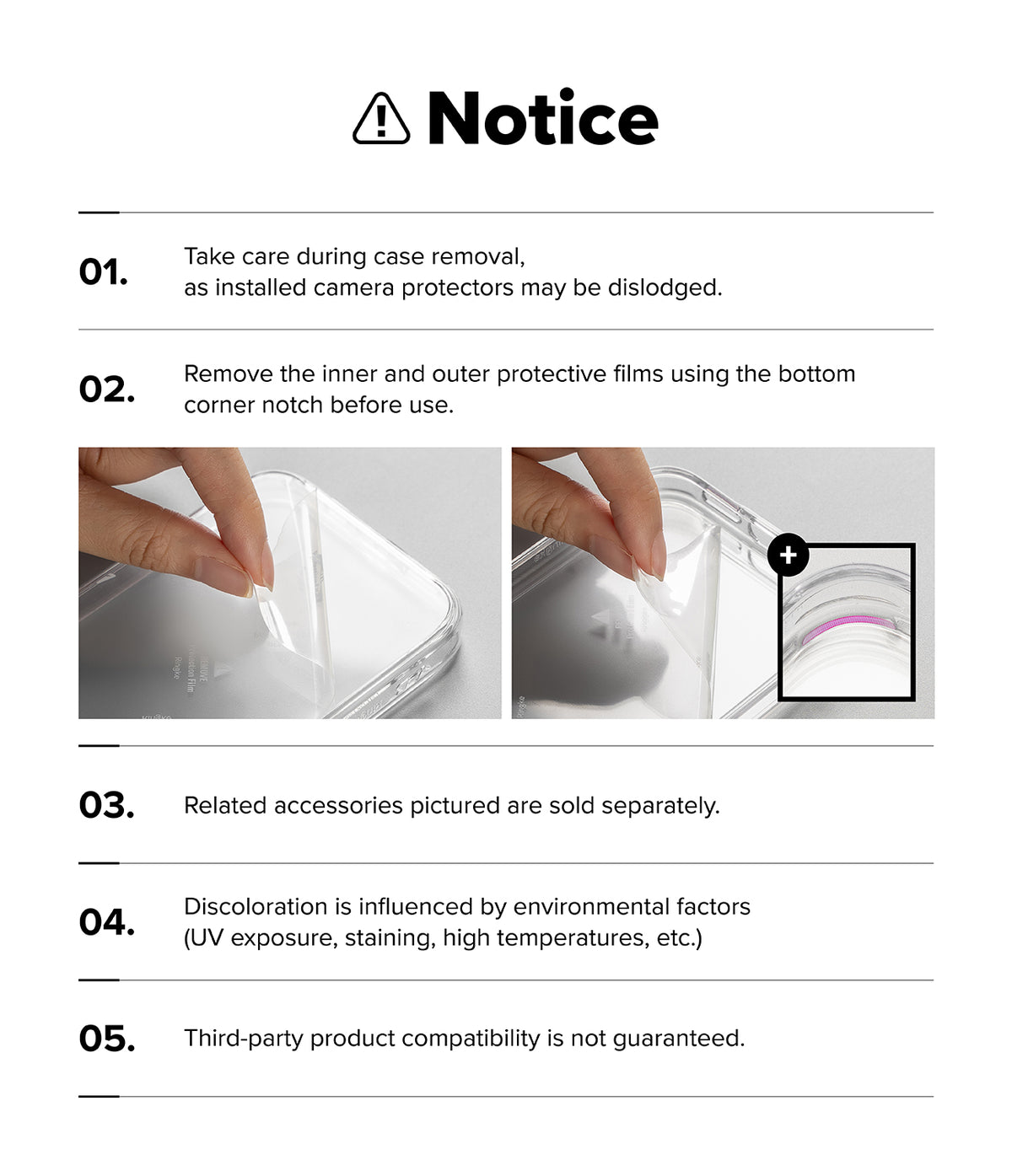 iPhone 18 Pro Max Case | Fusion Bold Magnetic Matte - A product notice sheet with five numbered cautionary points and two small inset photos demonstrating case removal and protective film removal. The header reads 'Notice' with a warning icon.