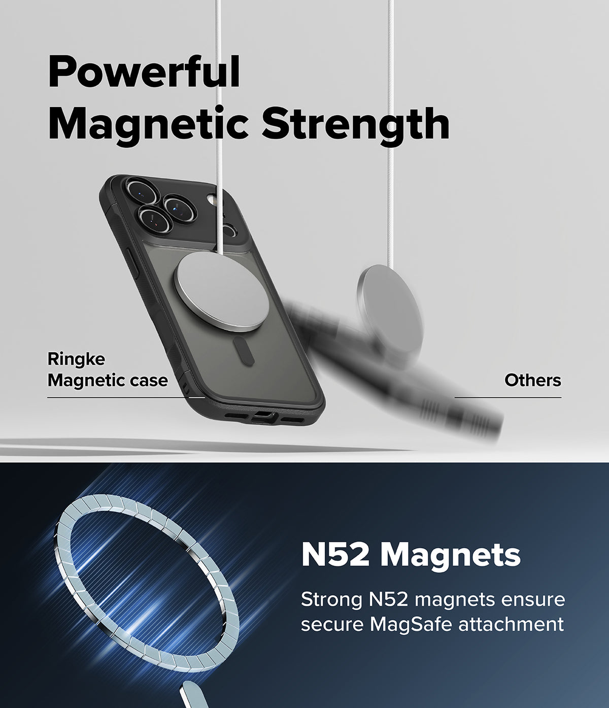 iPhone 18 Pro Max Case | Fusion Bold Magnetic Matte - Promotional graphic for a magnetic phone case showing a black Ringke magnetic case with a MagSafe ring, alongside blurred generic magnets to demonstrate magnetic strength. Text reads 'Powerful Magnetic Strength' and 'N52 Magnets Strong N52 magnets ensure secure MagSafe attachment'.