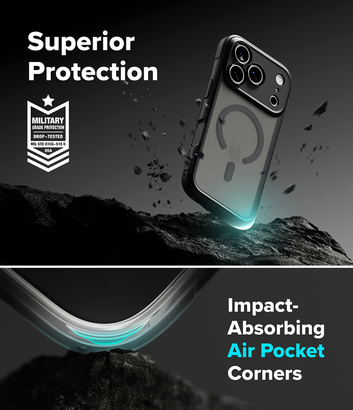 iPhone 18 Pro Max Case | Fusion Bold Magnetic Matte - A transparent protective phone case with a black bumper and a circular MagSafe ring, shown floating above dark rocks with debris. Text reads 'Superior Protection' and 'Impact-Absorbing Air Pocket Corners,' with a military drop-test badge on the left.