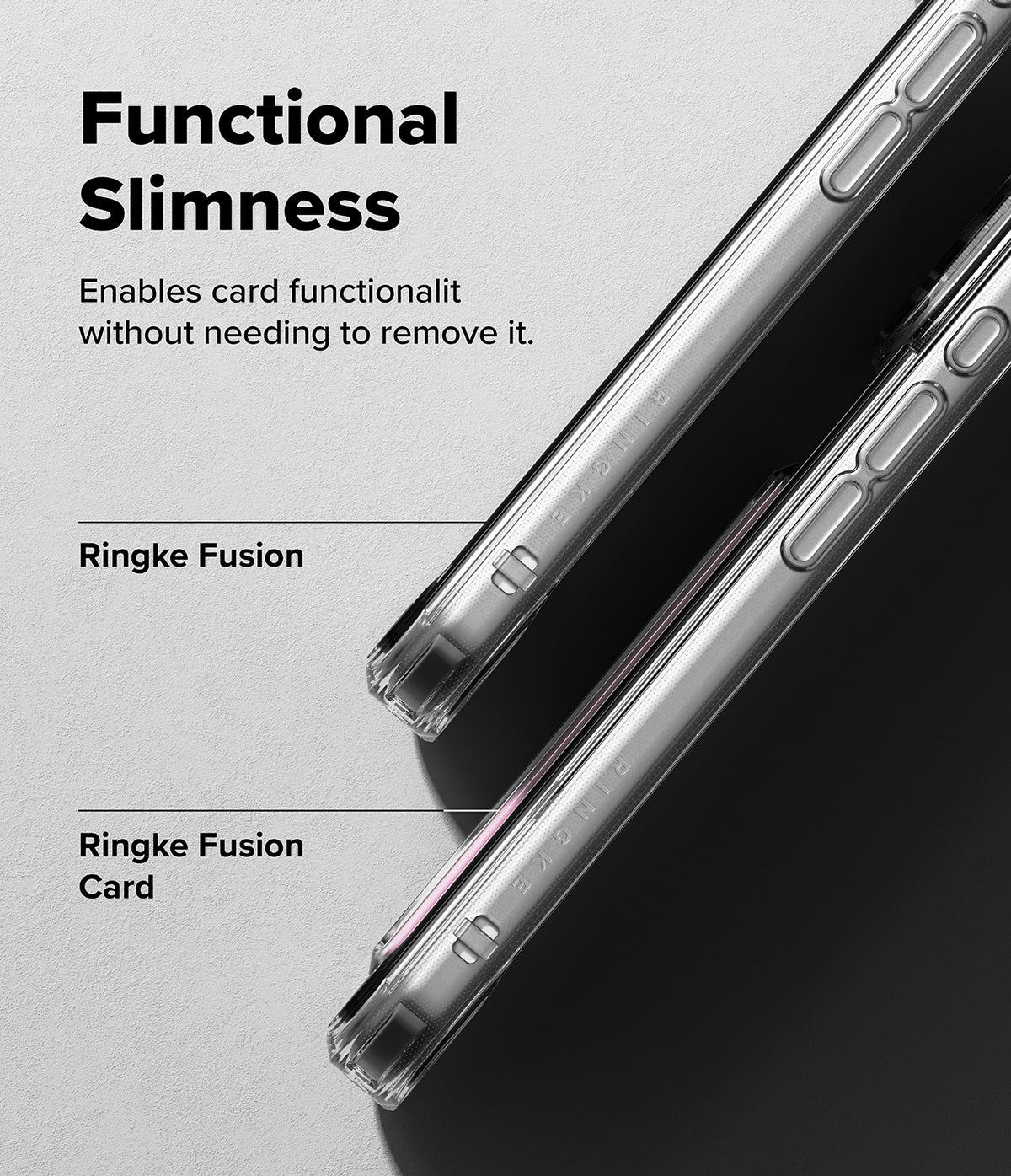 iPhone 18 Pro Max Case | Fusion Card - Promotional graphic for the Ringke Fusion card case, showing a slim transparent phone case fitted over a silver smartphone, with text reading 'Functional Slimness' and 'Ringke Fusion Card'.