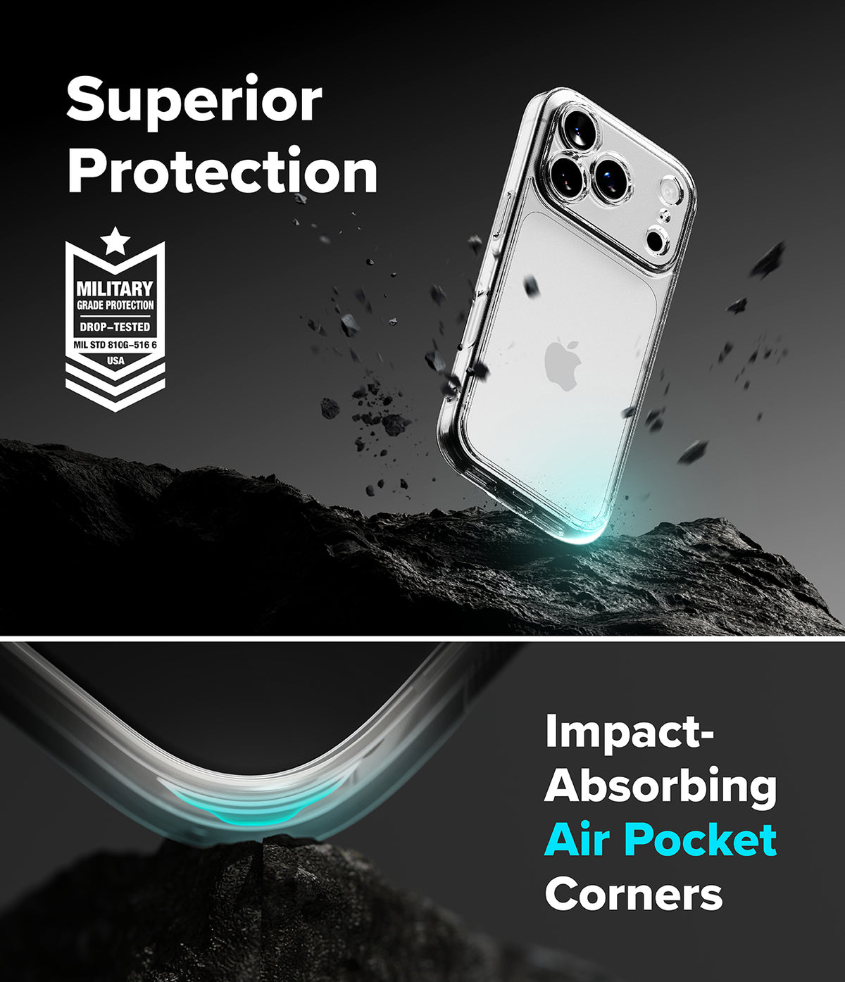iPhone 18 Pro Max Case | Fusion - A clear protective phone case shown on a smartphone, with marketing text reading 'Superior Protection' and 'Impact-Absorbing Air Pocket Corners.' The design includes a military impact-absorbing badge and a dramatic dark background with floating debris and a curved transparent corner detail.
