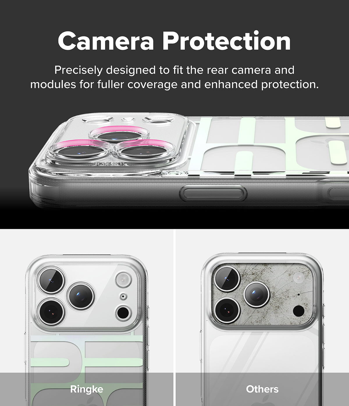 iPhone 18 Pro / Pro Max Case Fusion Design all-groups - Promotional graphic for a phone camera protection case. The top section shows a close-up of a clear case with a pink accent ring around the rear camera cutout, with text reading 'Camera Protection.