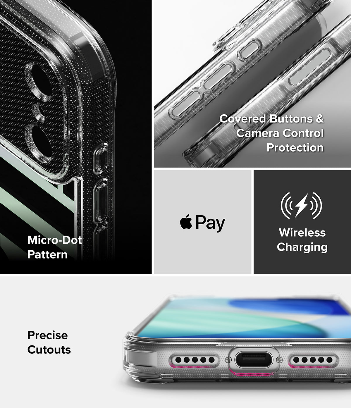 iPhone 18 Pro / Pro Max Case Fusion Design all-groups - A clear protective phone case shown in a four-panel collage highlighting features: a close-up of the camera and micro-dot pattern, covered buttons and camera control protection, wireless charging compatibility, and precise cutouts.