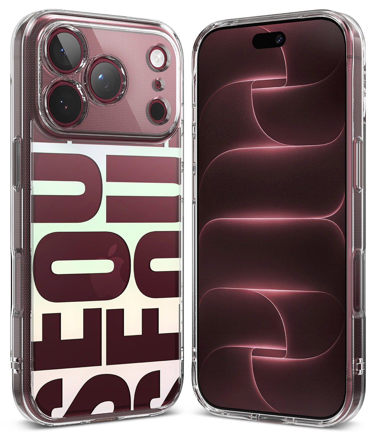 iPhone 18 Pro Max Case | Fusion Design - A clear protective phone case with a translucent design and large stylized lettering, shown on a silver smartphone. A second view of the same phone appears behind it, displaying a dark blue and black wallpaper.