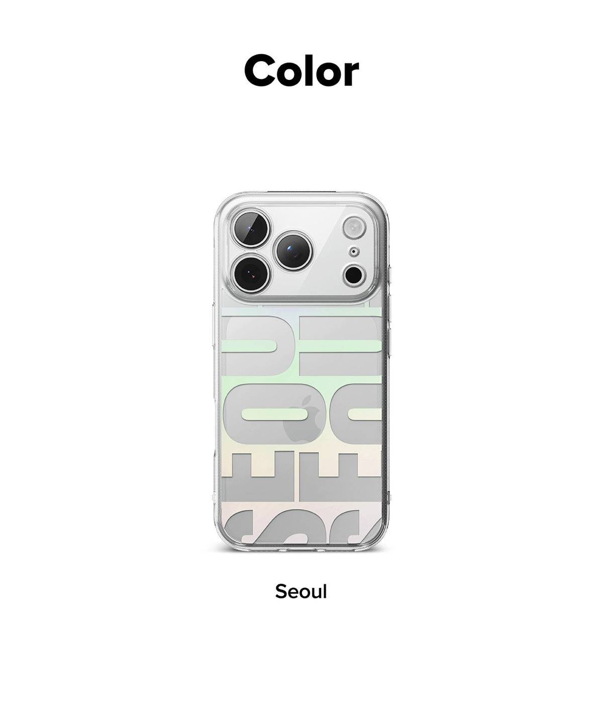 iPhone 18 Pro Max Case | Fusion Design - A clear iPhone case with a light gray and pale green abstract geometric pattern, shown on a white background with the text 'Color' at the top and 'Seoul' at the bottom.