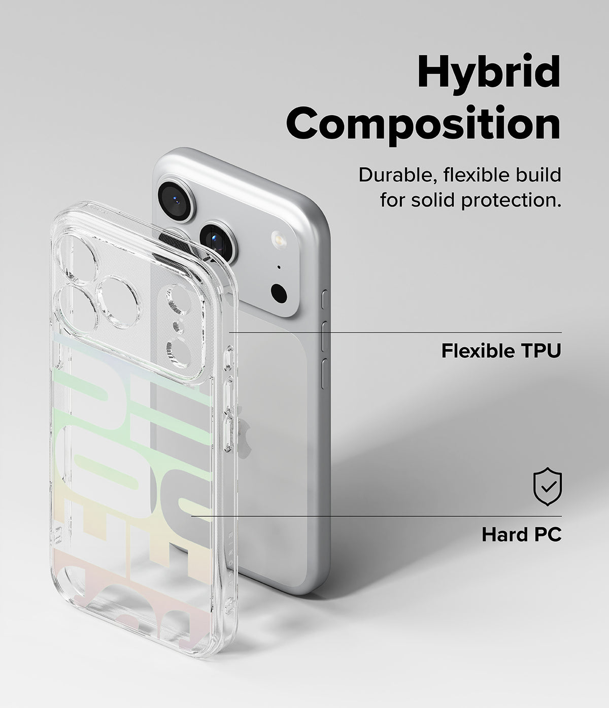 iPhone 18 Pro Max Case | Fusion Design - Transparent hybrid phone case with a colorful gradient design, shown next to a silver smartphone on a light gray background with descriptive text highlighting its flexible TPU and hard PC materials.