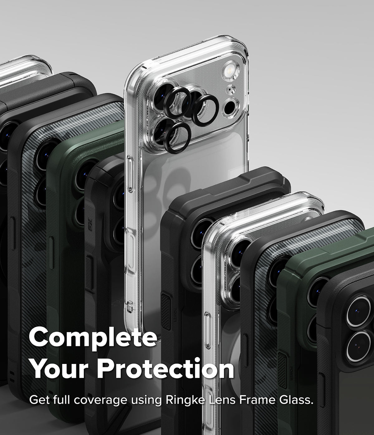 iPhone 18 Pro Max Case | Fusion Matte - A promotional product image showing multiple smartphone cases arranged in a fan-like stack, including transparent, black, gray, and dark green options. The center case is clear with a black camera ring accessory visible.