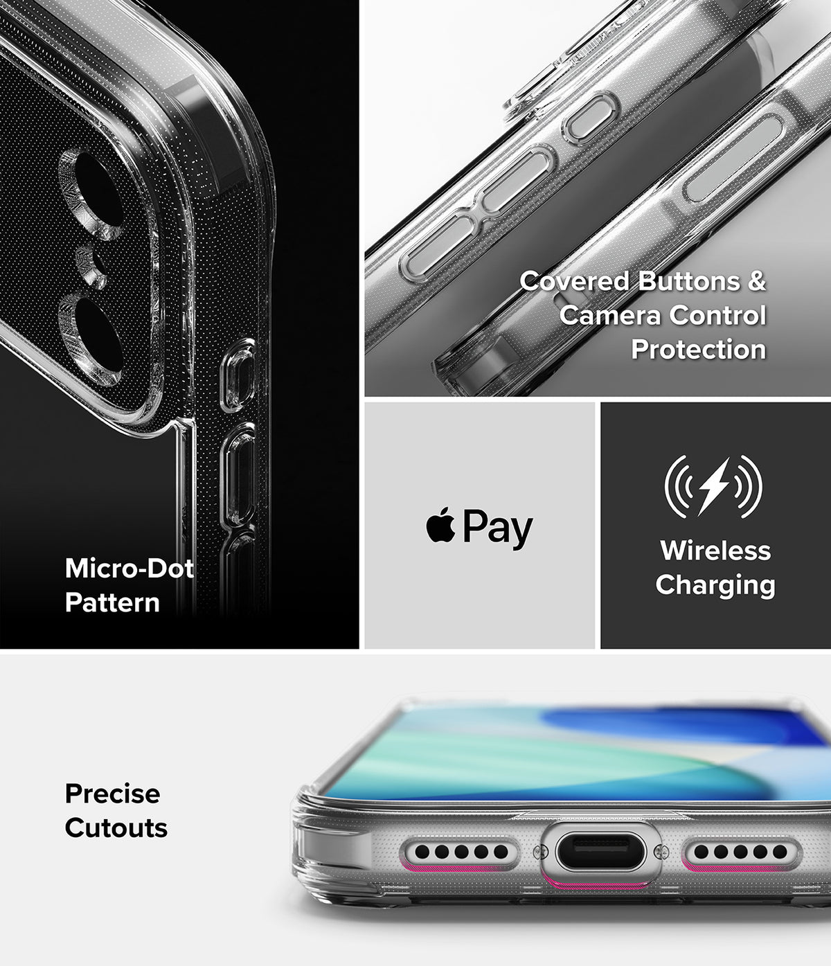 iPhone 18 Pro Max Case | Fusion Matte - Transparent protective phone case shown in a four-panel feature graphic. The panels highlight a micro-dot camera pattern, covered buttons and camera control protection, wireless charging compatibility, and precise cutouts.