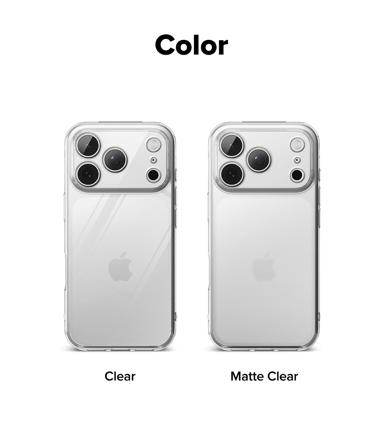 iPhone 18 Pro Max Case | Fusion Matte - A color comparison graphic showing two clear phone cases on silver iPhones, labeled 'Clear' and 'Matte Clear' under the heading 'Color'.