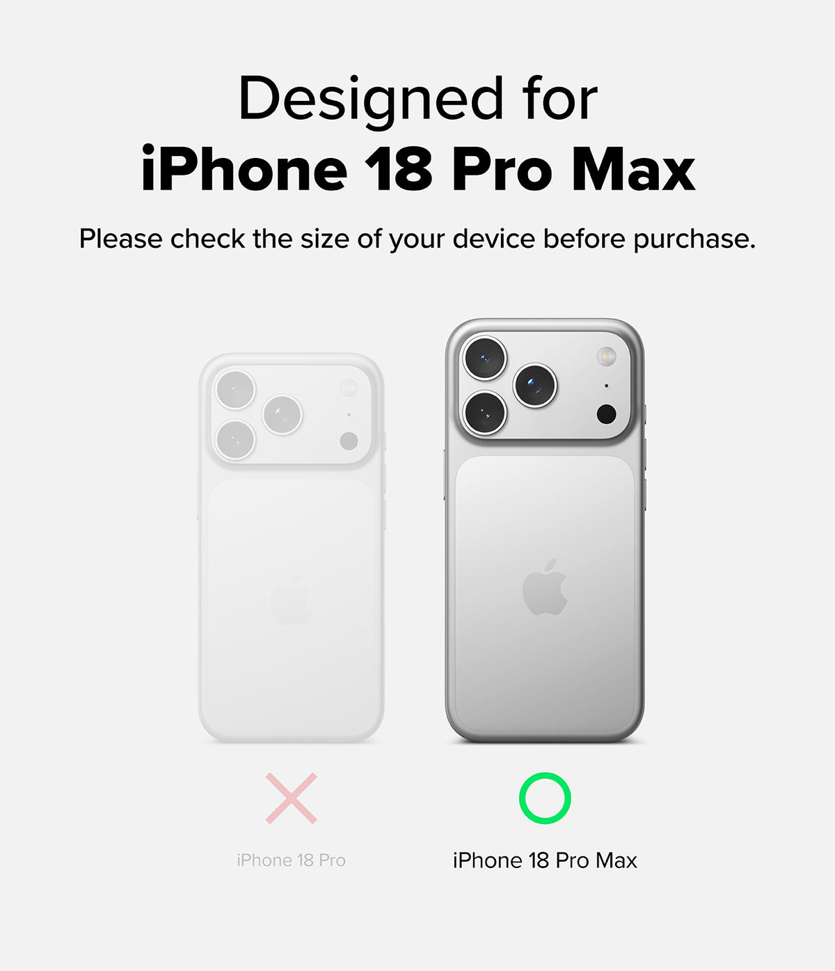 iPhone 18 Pro Max Case | Fusion Matte - A compatibility graphic showing a phone case designed for the iPhone 18 Pro Max. The right side shows a silver iPhone 18 Pro Max with a clear case fitted, labeled 'iPhone 18 Pro Max' with a green circle icon.