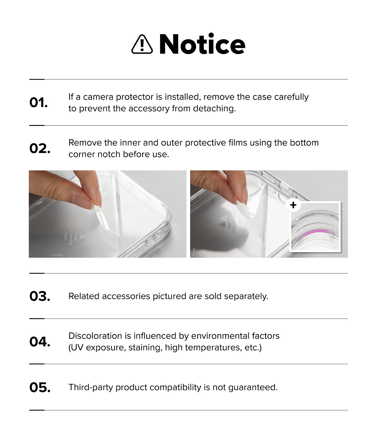 iPhone 18 Pro Max Case | Fusion Matte - A white instruction sheet with a bold 'Notice' header and five numbered points in black text, including two small photos demonstrating how to remove protective films from a clear phone case.