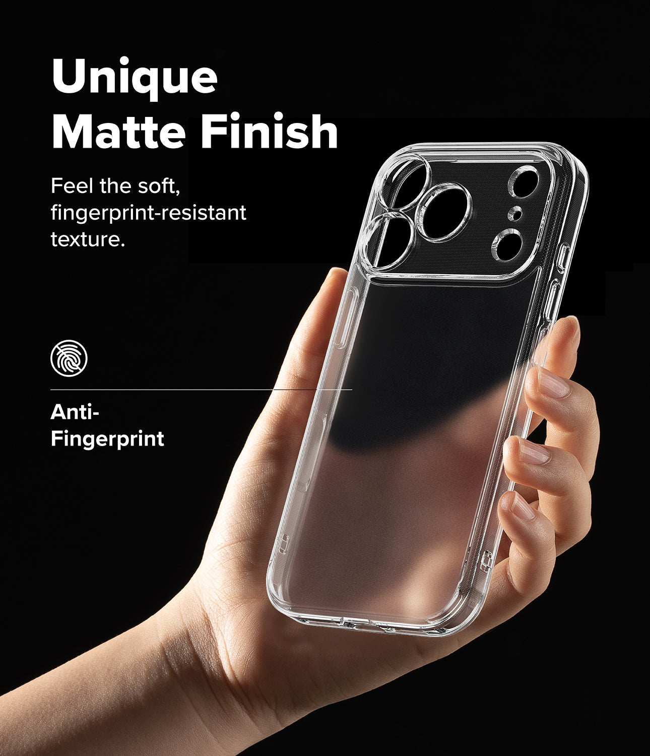 iPhone 18 Pro Max Case | Fusion Matte - A hand holds a clear smartphone case with a matte finish against a black background. White text on the left reads 'Unique Matte Finish' and 'Anti-Fingerprint'.