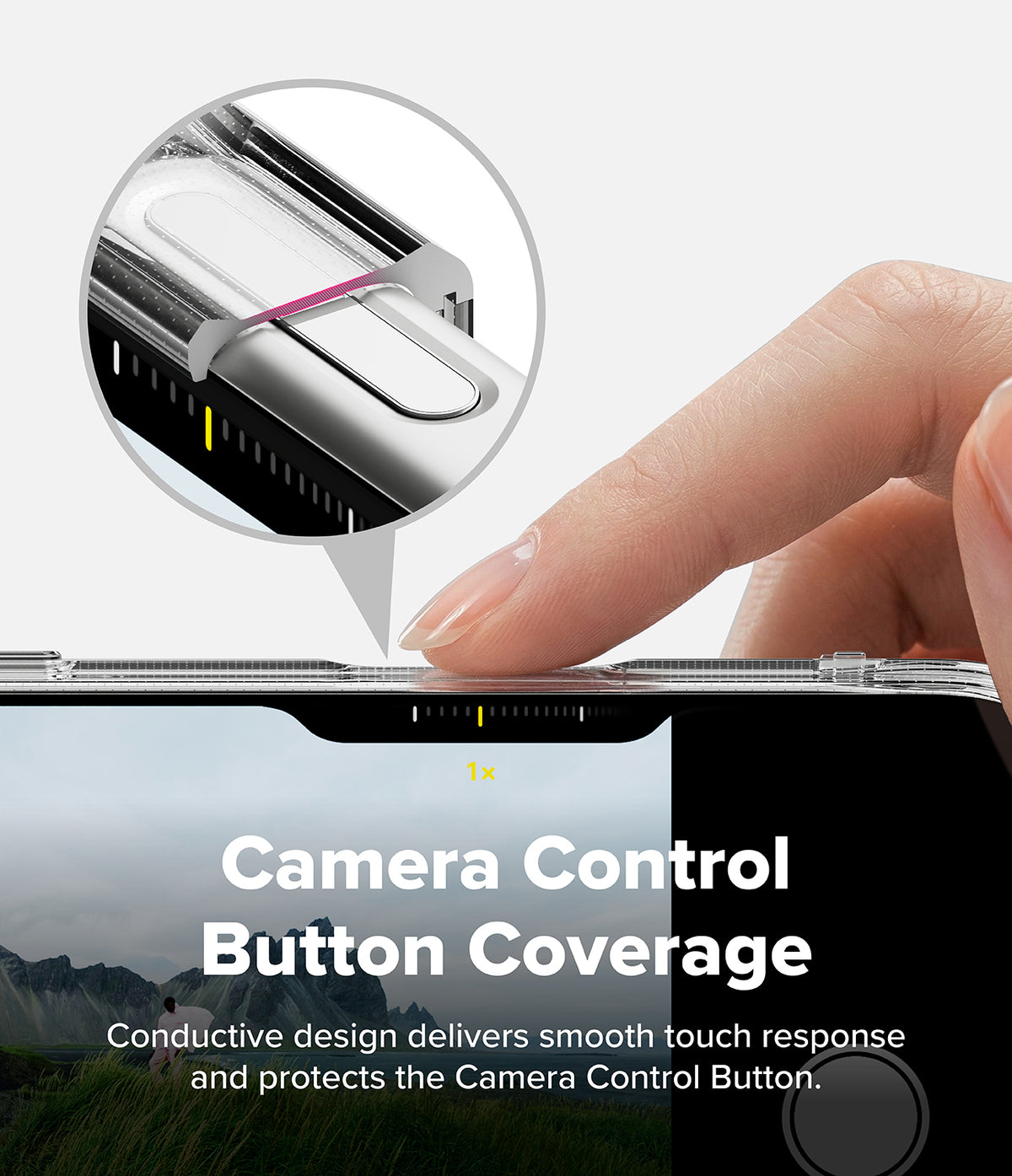 iPhone 18 Pro Max Case | Fusion Matte - A close-up of a hand pressing the camera control button of a smartphone, with a circular inset showing a transparent protective cover over the button. Text on the image reads 'Camera Control Button Coverage' and describes a conductive design that delivers a smooth touch response and protects the camera button.