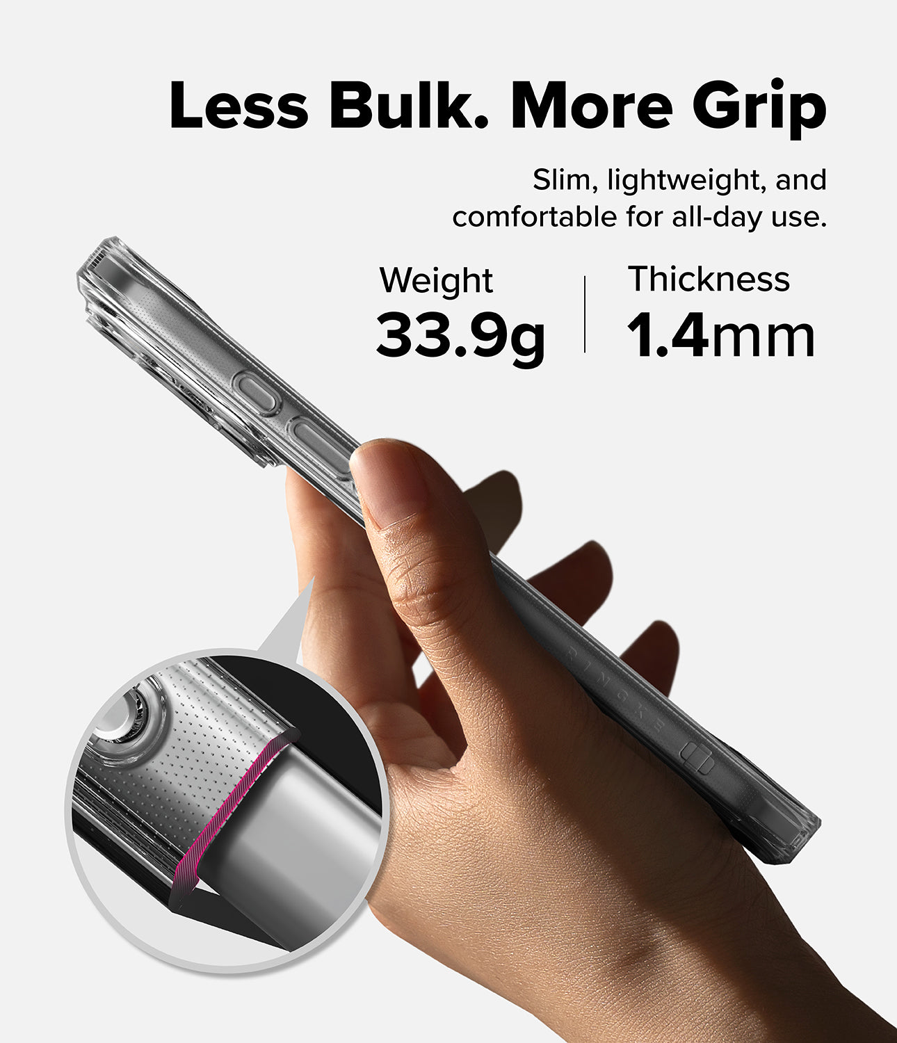 iPhone 18 Pro Max Case | Fusion Matte - A hand holds a slim transparent phone case with a metallic silver inner layer, shown with marketing text reading 'Less Bulk. More Grip' and weight/thickness specs.