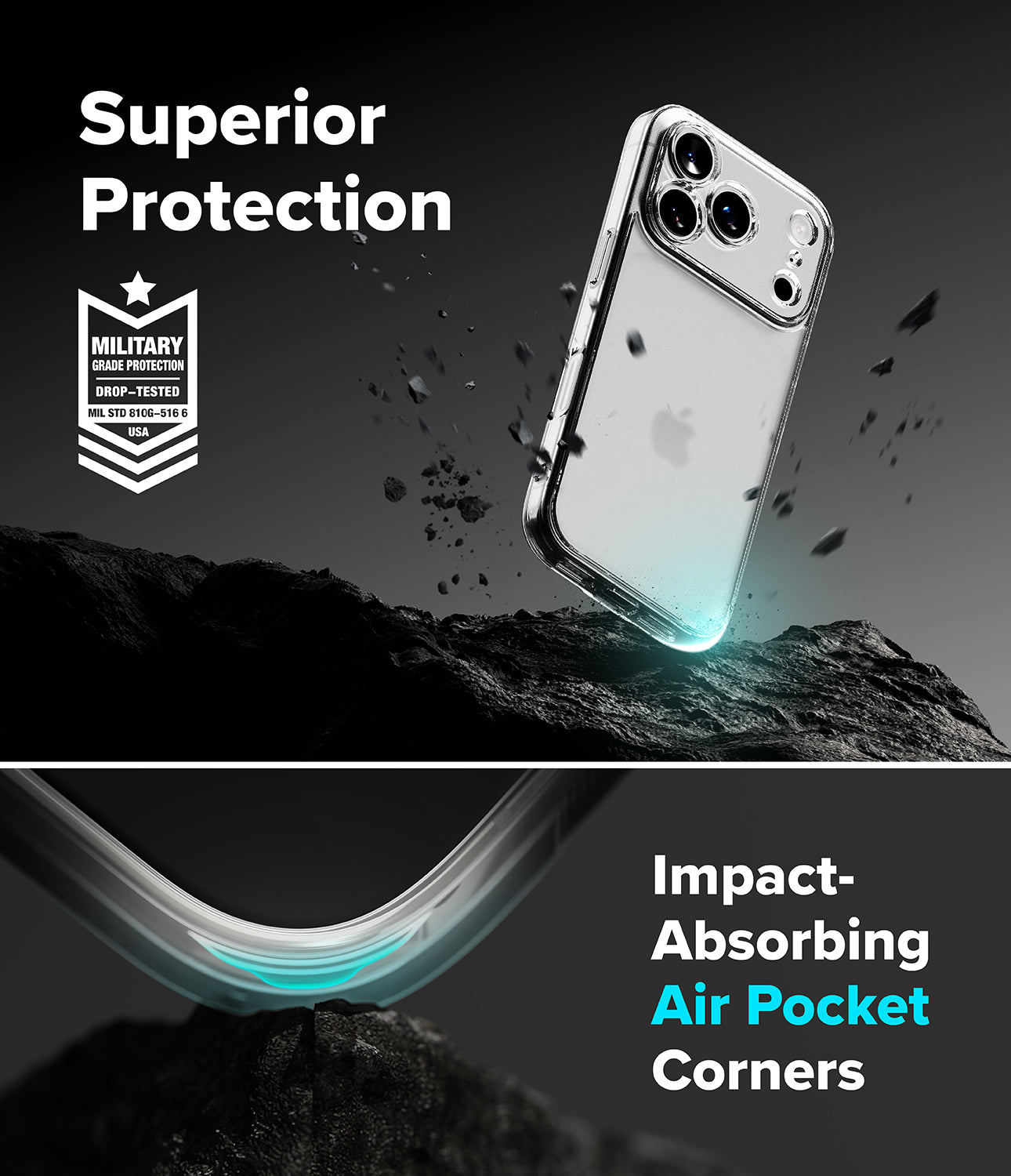 iPhone 18 Pro Max Case | Fusion Matte - Phone case with military-grade protection rating and impact-absorbing air pocket corners on a dark background.