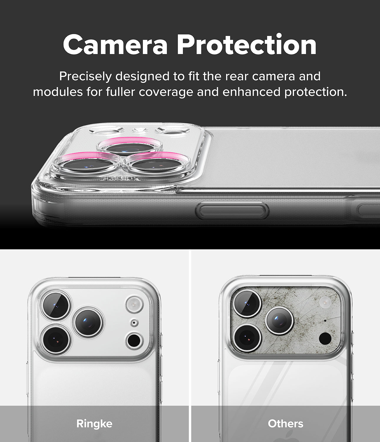 iPhone 18 Pro Max Case | Fusion Matte - Promotional graphic for a clear camera protection case shown on a smartphone. The top section has a dark background with the text 'Camera Protection' and a close-up of the case around the rear camera, highlighted with a pink ring.