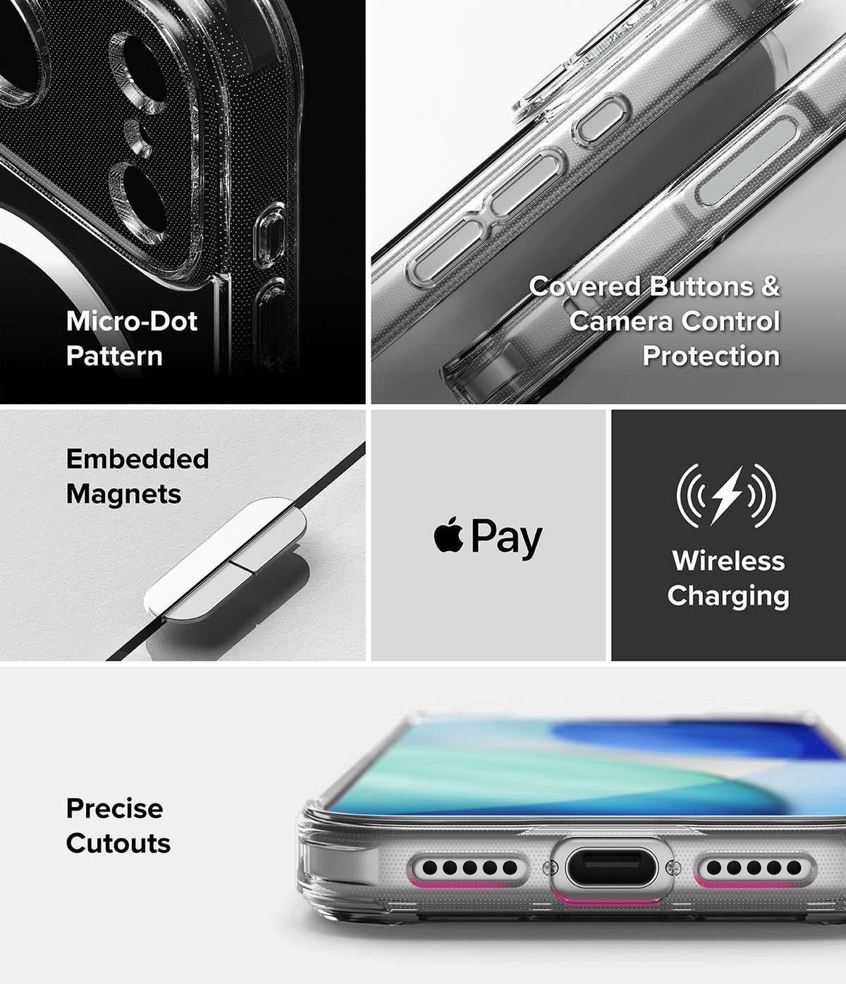 iPhone 18 Pro / Pro Max Case Fusion Magnetic all-groups - A 4-panel promotional graphic showing a transparent phone case with features labeled: Micro-Dot Pattern, Covered Buttons & Camera Control Protection, Embedded Magnets, and Wireless Charging. The Apple Pay logo is visible, and the bottom panel shows the case fitted on a phone with precise cutout openings.