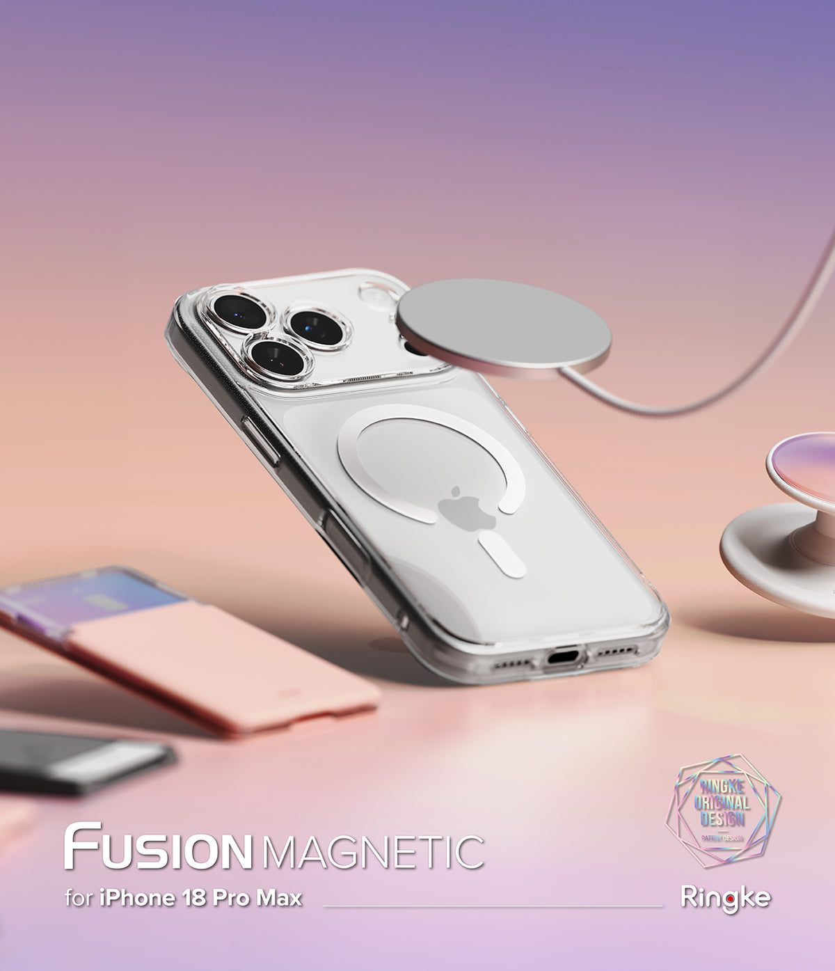 iPhone 18 Pro Max Case | Fusion Magnetic - A clear magnetic phone case shown on a smartphone, with a floating silver MagSafe ring and cable. The case has a cutout for the camera and a MagSafe-compatible magnetic ring on the back.