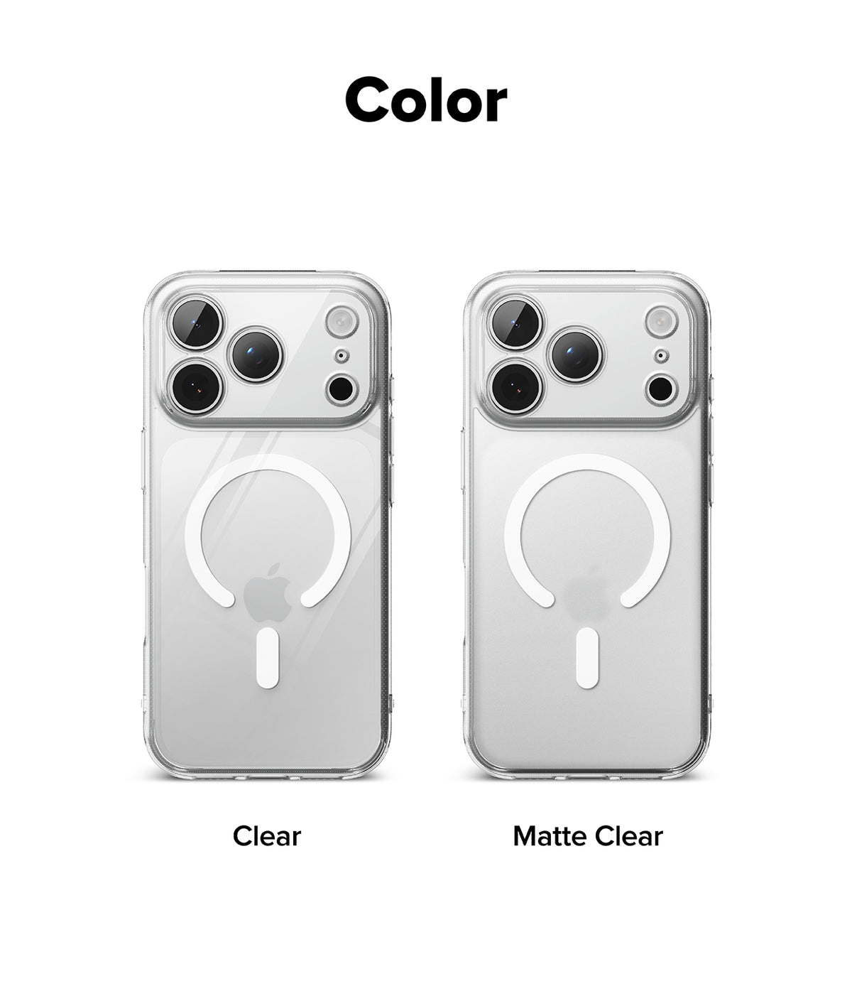 iPhone 18 Pro Max Case | Fusion Magnetic Matte - Two phone cases, one clear and one matte clear, on a white background with 'Color' text above.