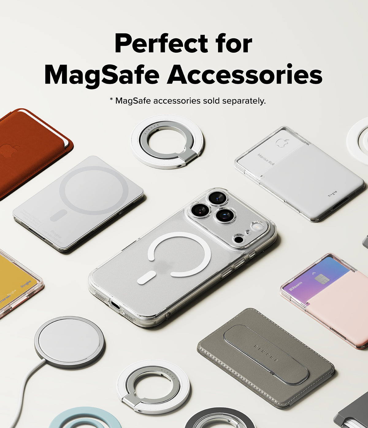 iPhone 18 Pro Max Case | Fusion Magnetic Matte - A promotional flat lay showing a smartphone case with a MagSafe ring and several matching MagSafe accessories in different colors, with text reading 'Perfect for MagSafe Accessories' and a note that MagSafe accessories are sold separately.
