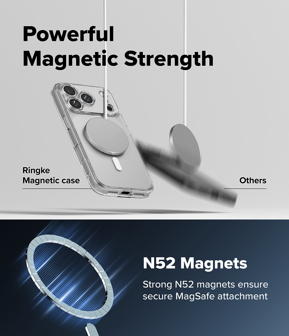 iPhone 18 Pro Max Case | Fusion Magnetic Matte - Promotional graphic for a transparent magnetic phone case with a circular MagSafe ring. The top half shows the case on a phone with text reading 'Powerful Magnetic Strength' and 'Ringke Magnetic case' versus generic 'Others' with blurred magnets.