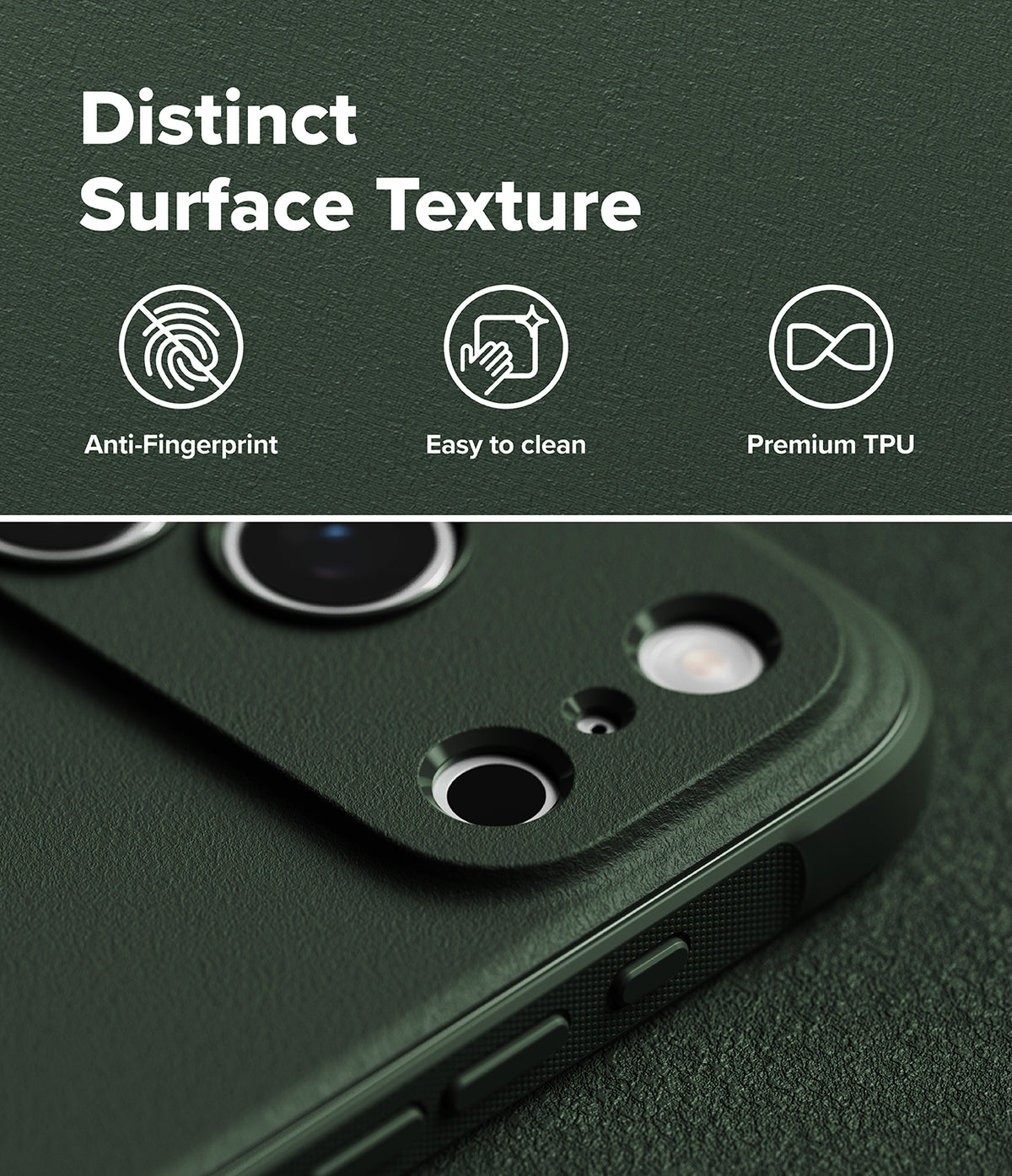 iPhone 18 Pro / Pro Max Case Onyx all-groups - Dark green textured phone case with camera cutouts, shown with marketing text reading 'Distinct Surface Texture' and icons for anti-fingerprint, easy to clean, and premium TPU.