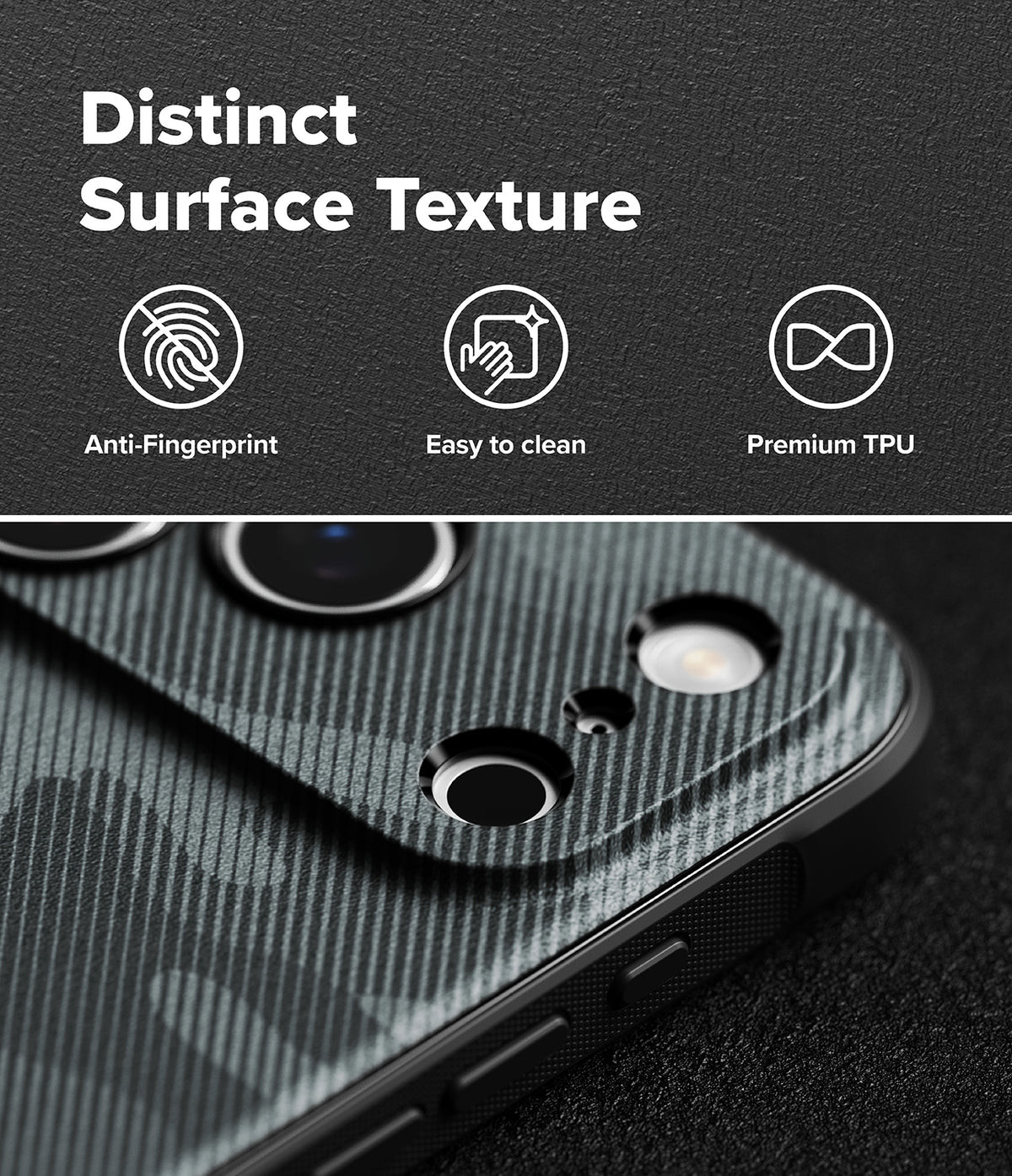 iPhone 18 Pro Max Case | Onyx - A close-up of a phone case with a dark textured carbon-fiber-style finish, shown with marketing text above reading 'Distinct Surface Texture' and icons for anti-fingerprint, easy to clean, and premium TPU.