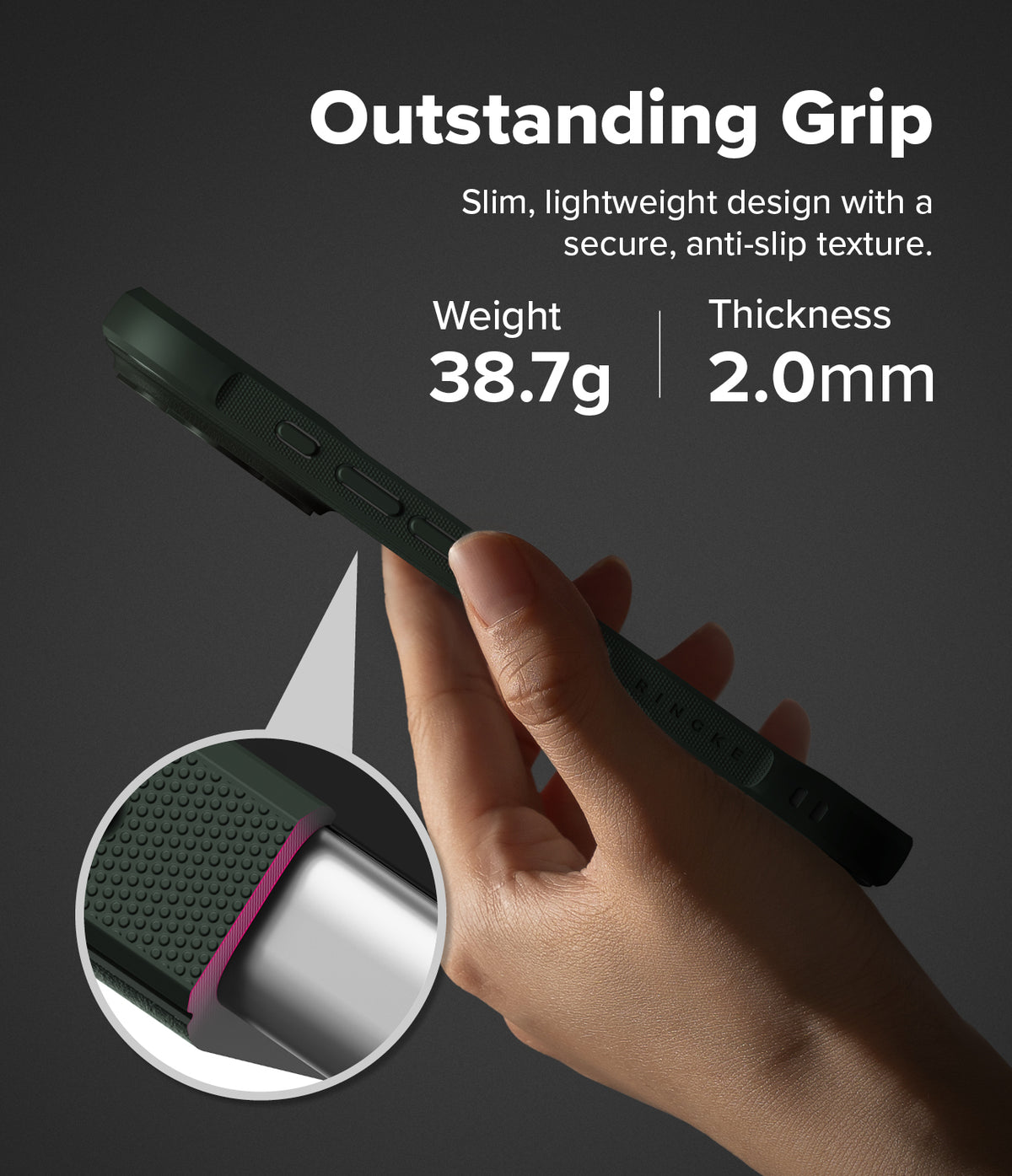 iPhone 18 Pro Max Case | Onyx - A hand holds a dark green phone case against a dark gray background, with text highlighting its outstanding grip, slim lightweight design, and specifications: weight 38.7g and thickness 2.