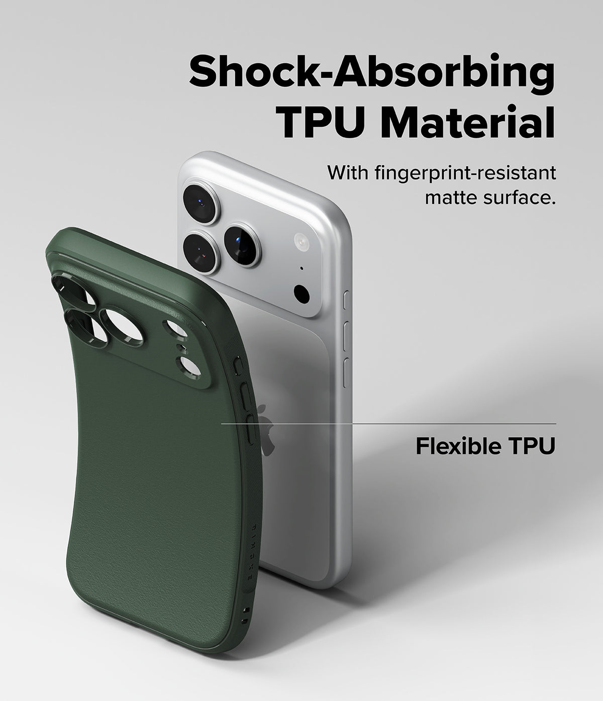 iPhone 18 Pro Max Case | Onyx - Dark green phone case shown in front of a silver smartphone on a light gray background, with marketing text reading 'Shock-Absorbing TPU Material' and 'Flexible TPU'.