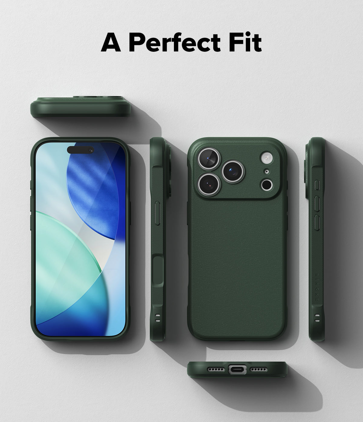 iPhone 18 Pro Max Case | Onyx - A dark green protective phone case shown from multiple angles on a light gray background, with the text 'A Perfect Fit' at the top. The views include the back of the phone in the case, the side profile, the front of the phone inside the case, and a bottom view showing the charging port opening.