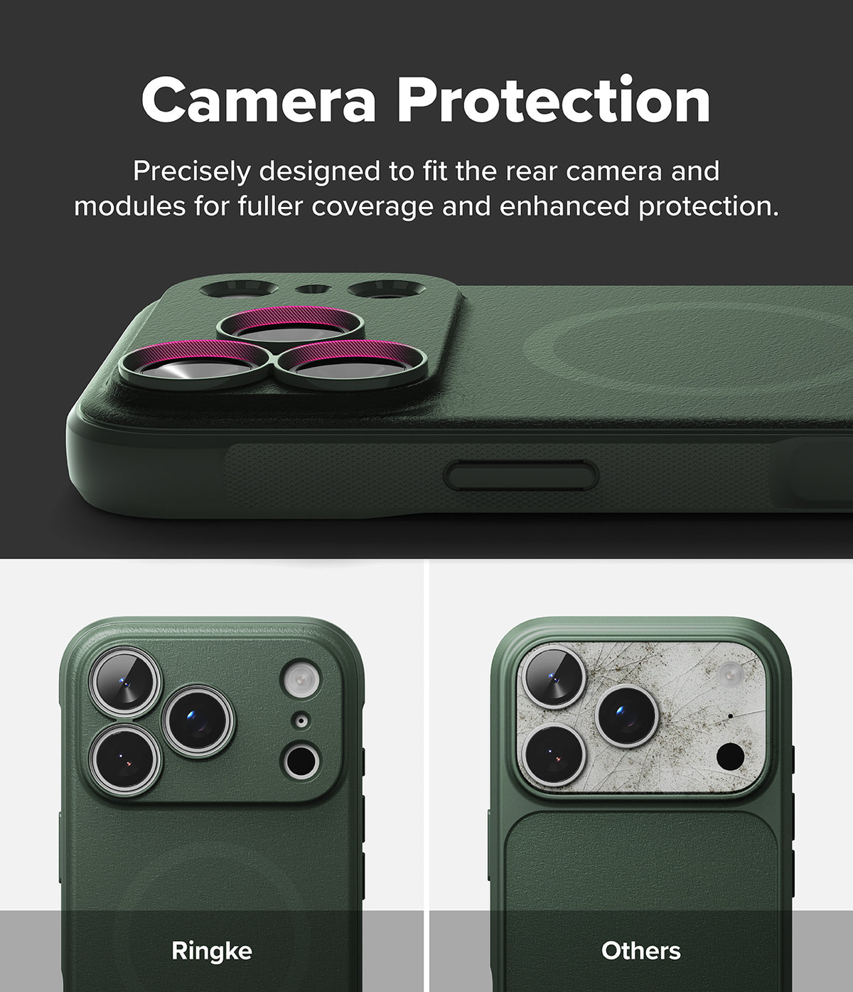 iPhone 18 Pro / Pro Max Case Onyx Magnetic all-groups - Dark green phone case with a raised camera bumper and magSafe ring, shown with text reading 'Camera Protection' and comparison labels 'Ringke' and 'Others' on camera lenses.