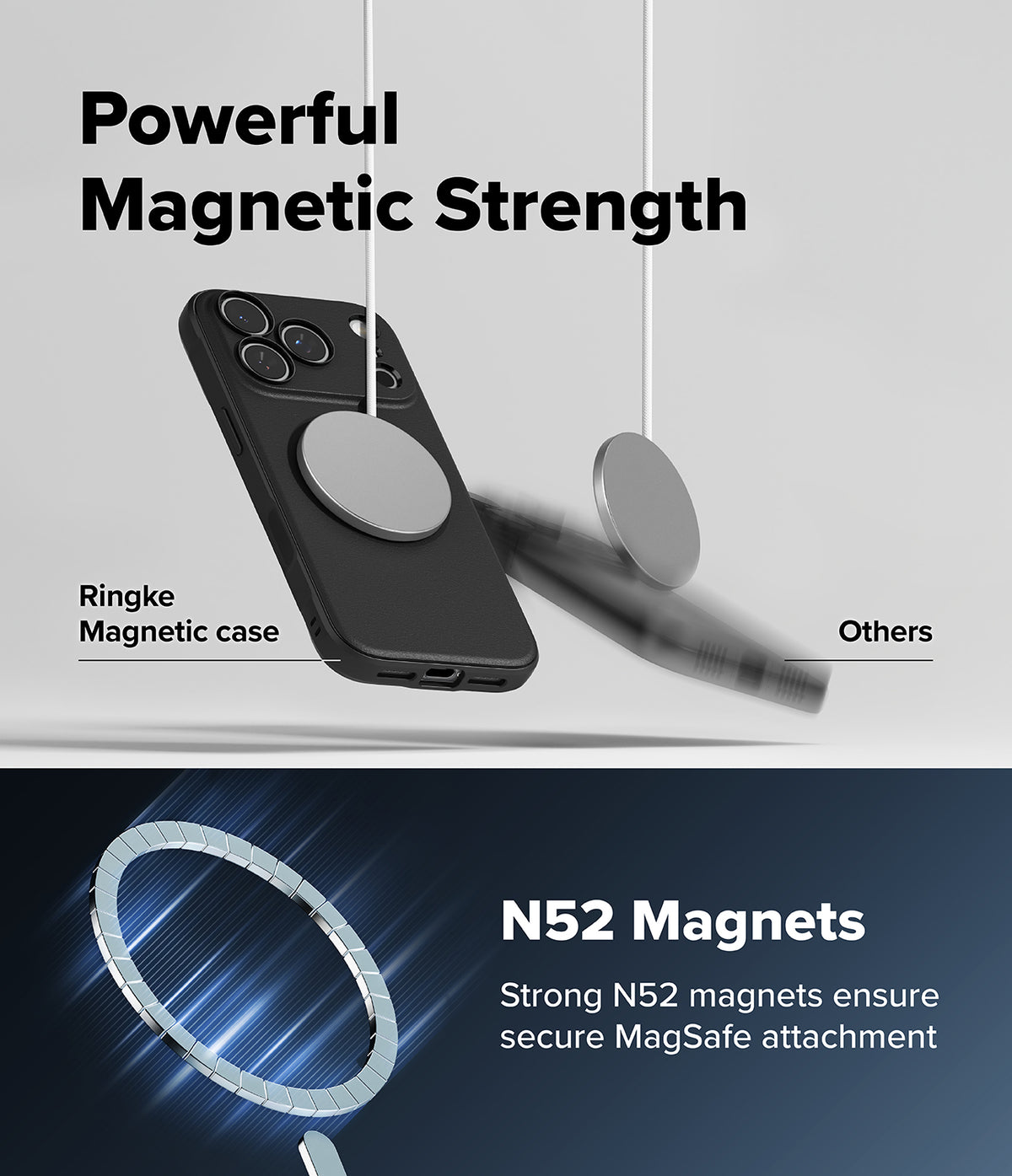 iPhone 18 Pro Max Case | Onyx Magnetic - Promotional graphic for a black magnetic phone case with a large circular MagSafe ring, shown floating above a dark blue lower section with text reading 'Powerful Magnetic Strength' and 'N52 Magnets'.